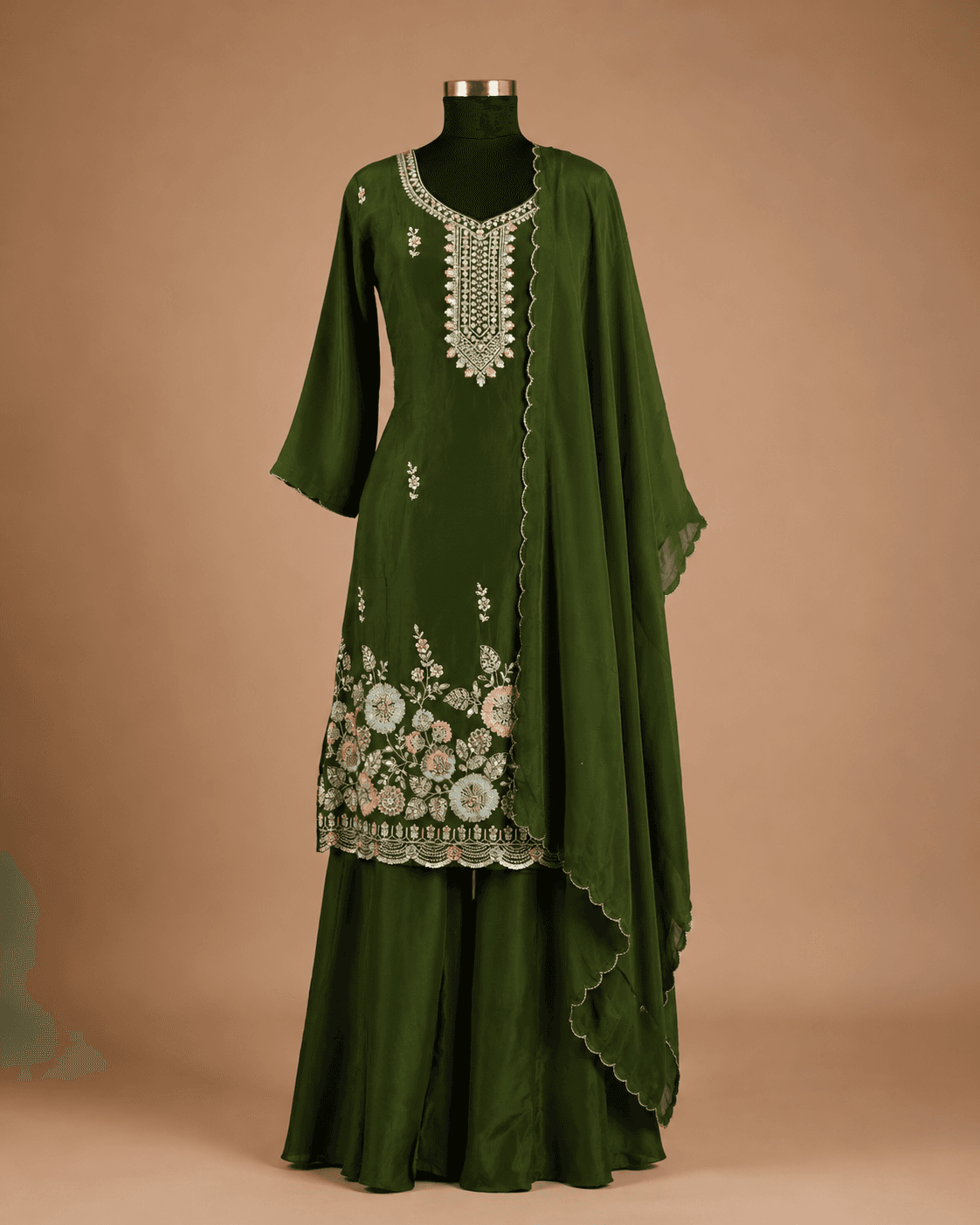 Olive Green Floral Embroidered Sharara Set