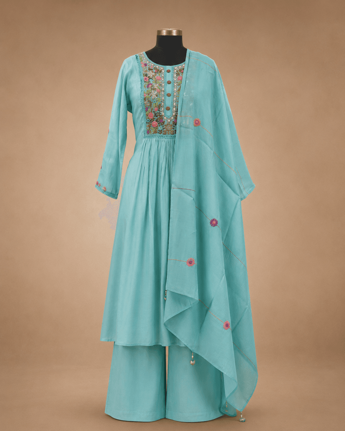 Aqua Blue Floral Embroidered High-Low Palazzo Set