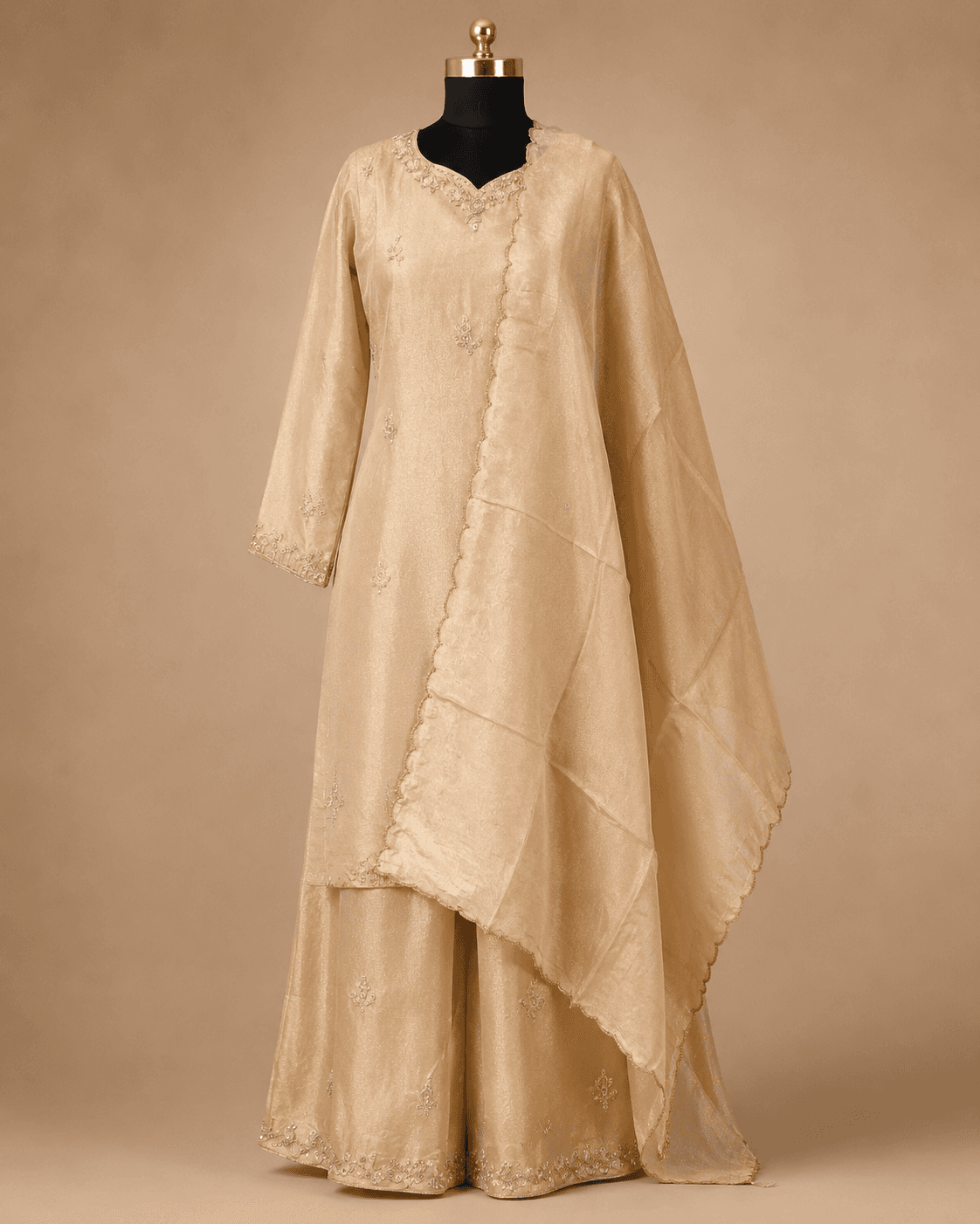 Beige Zari Embroidered Palazzo Set