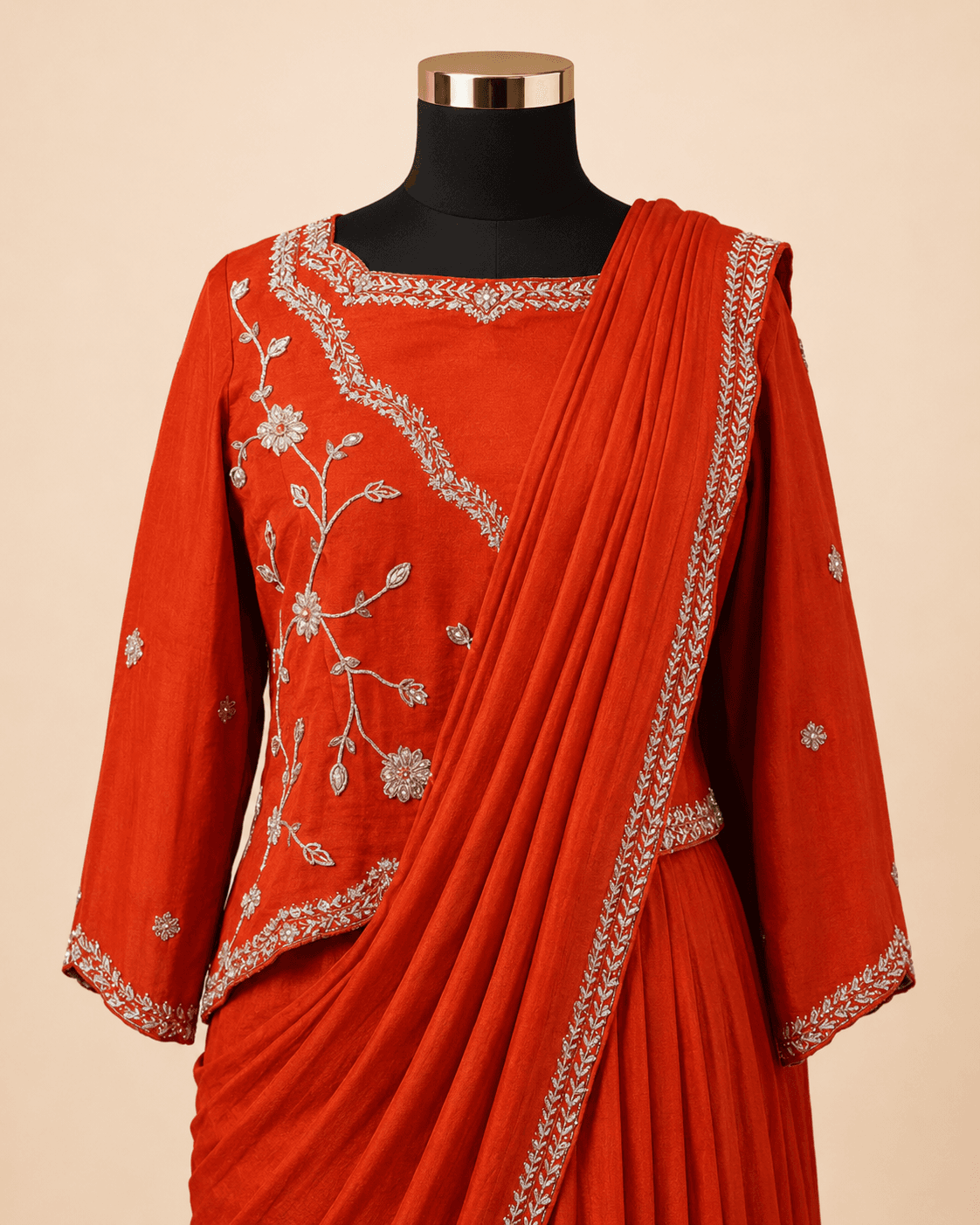 Vermilion Red Floral Embroidered Pre-Draped Saree Set
