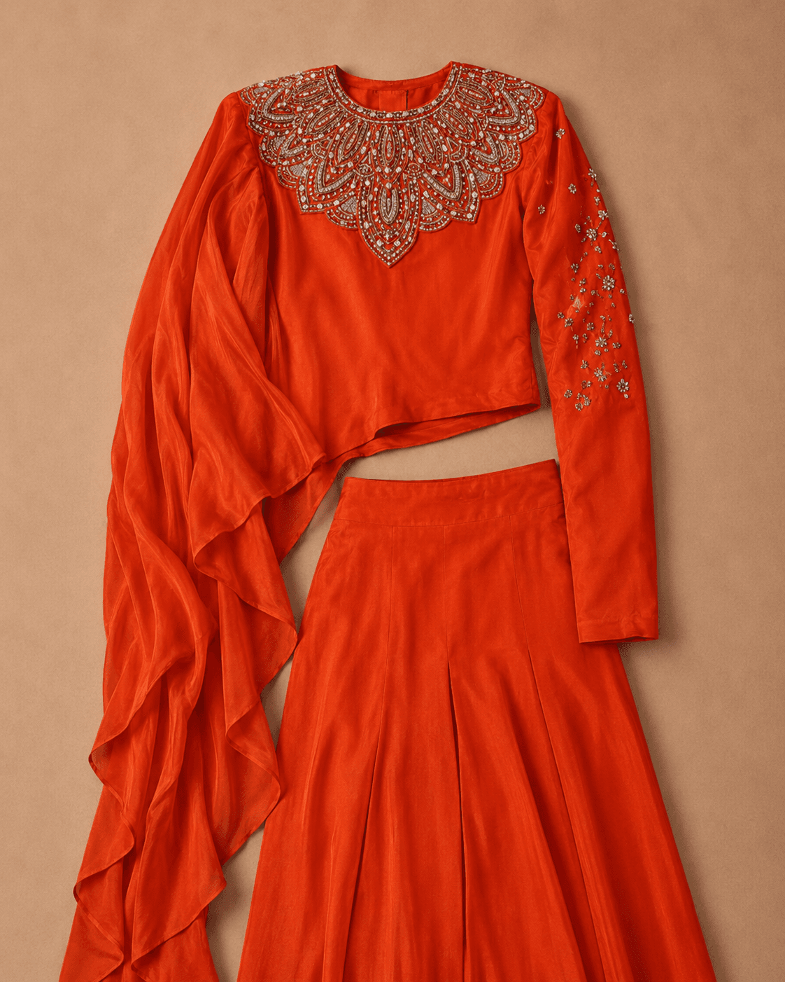 Tangerine Orange Embroidered Cape Lehenga Set