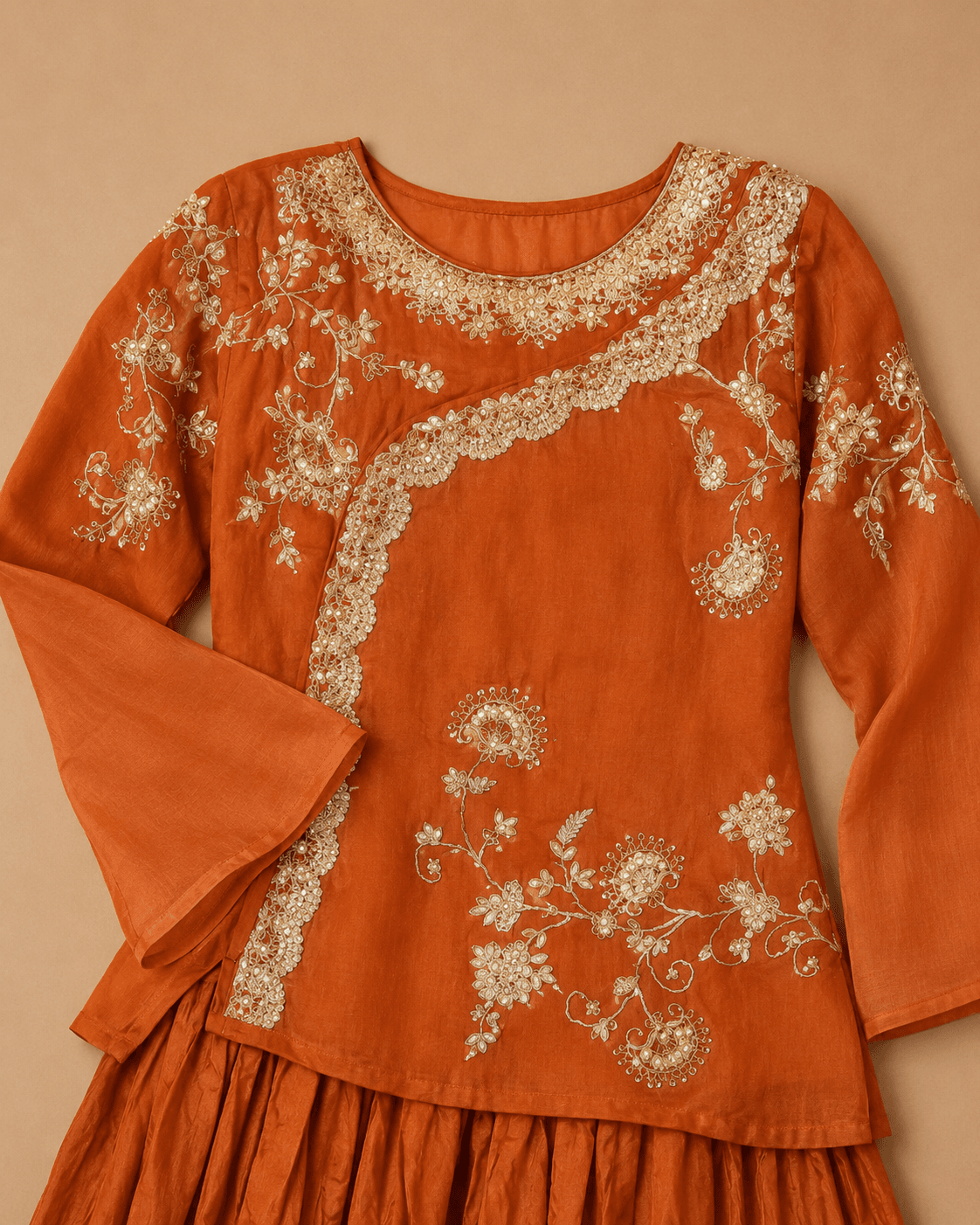 Rust Orange Floral Embroidered Top Lehenga Set