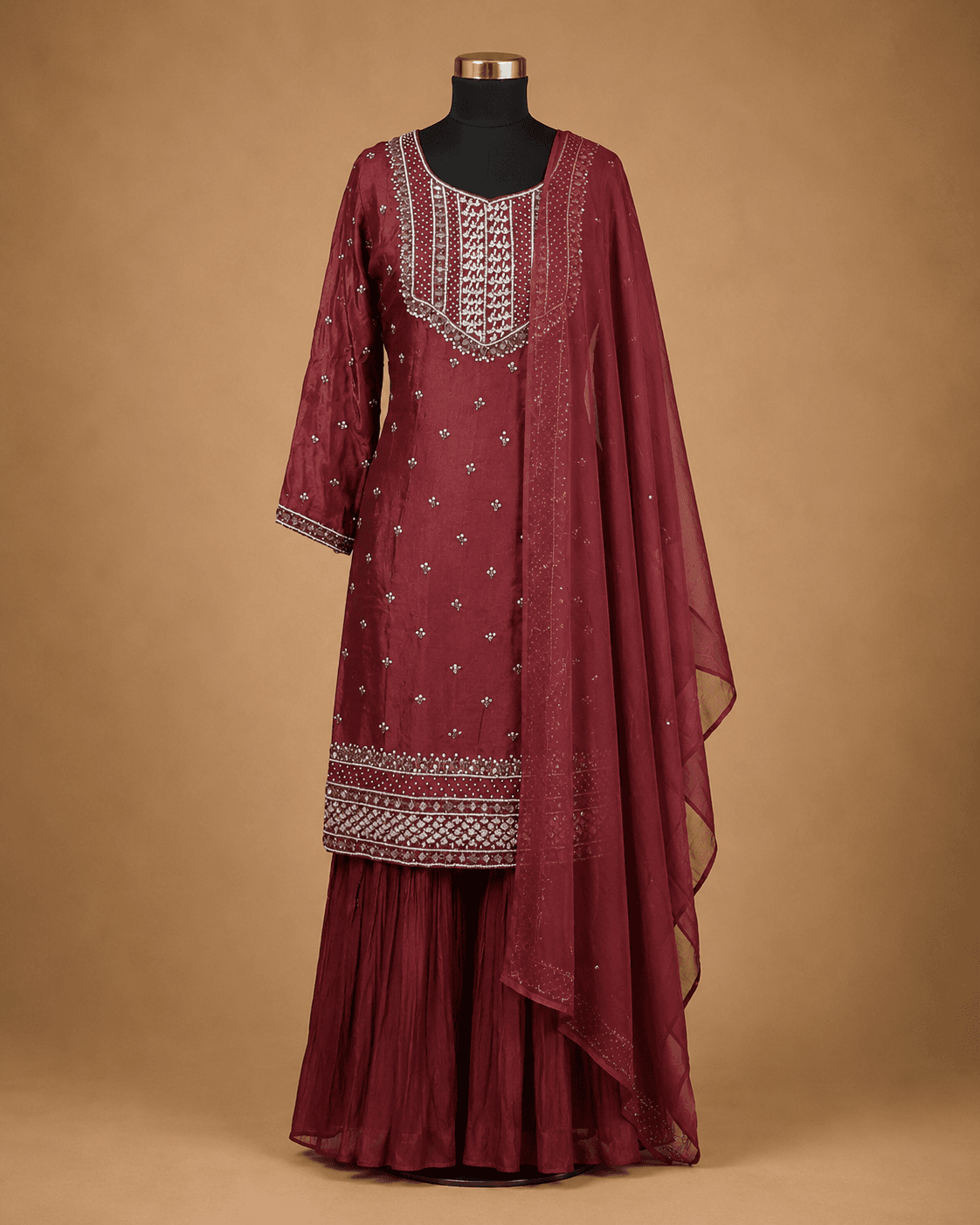 Maroon Geometric Embroidered Kurta Sharara Set