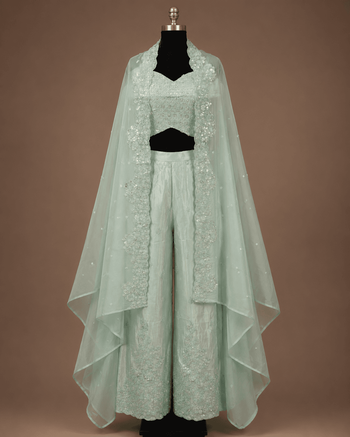 Mint Green Sequinned Cape Palazzo Set