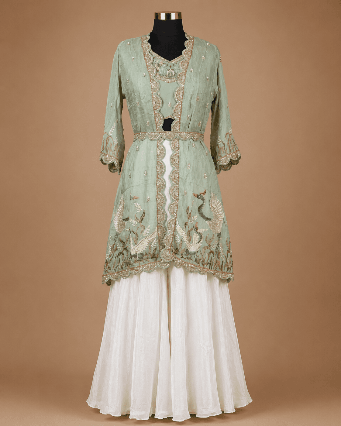 Sage Green Peacock Embroidered Jacket Lehenga Set