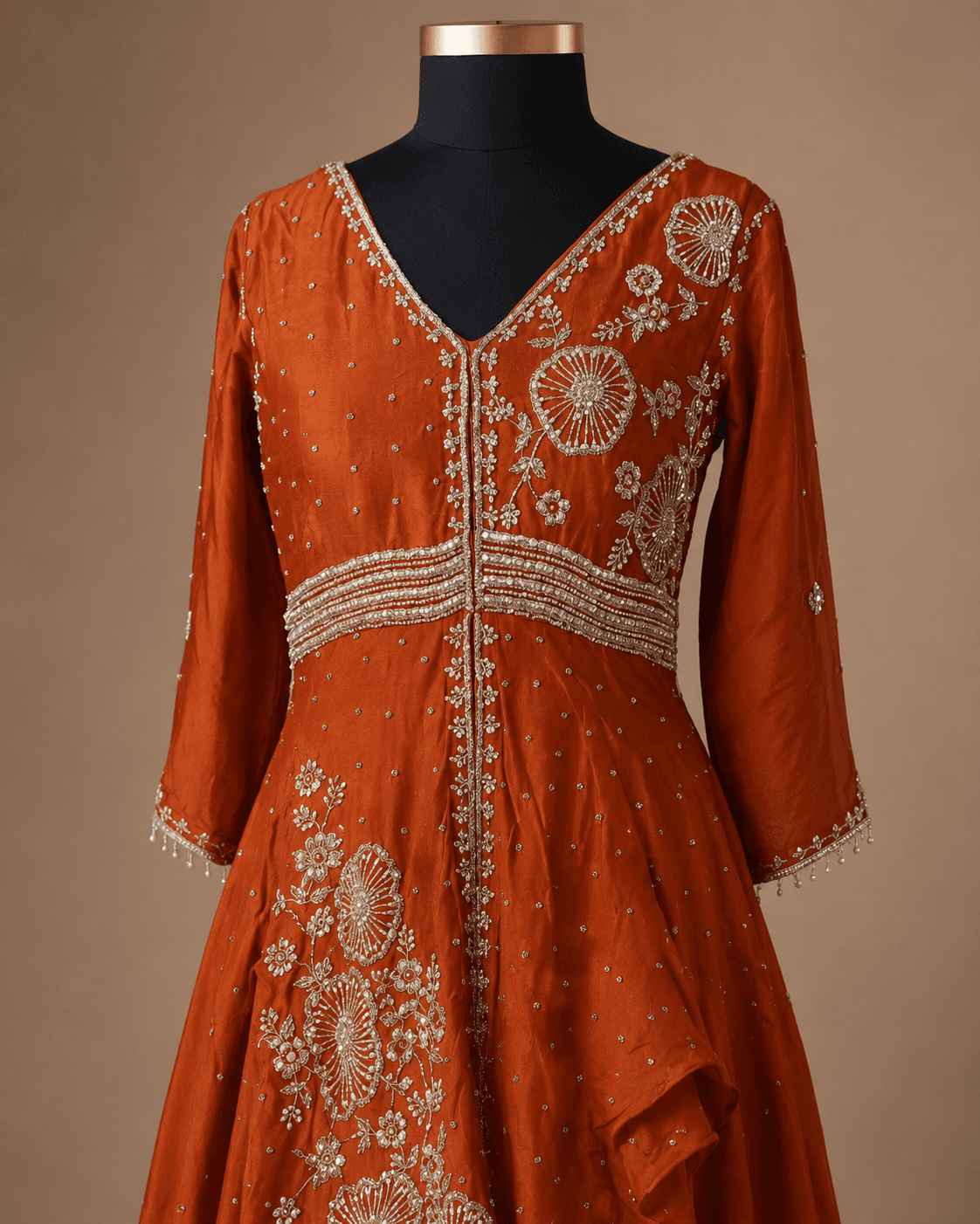 Rust Orange Draped Embroidered Anarkali Gown