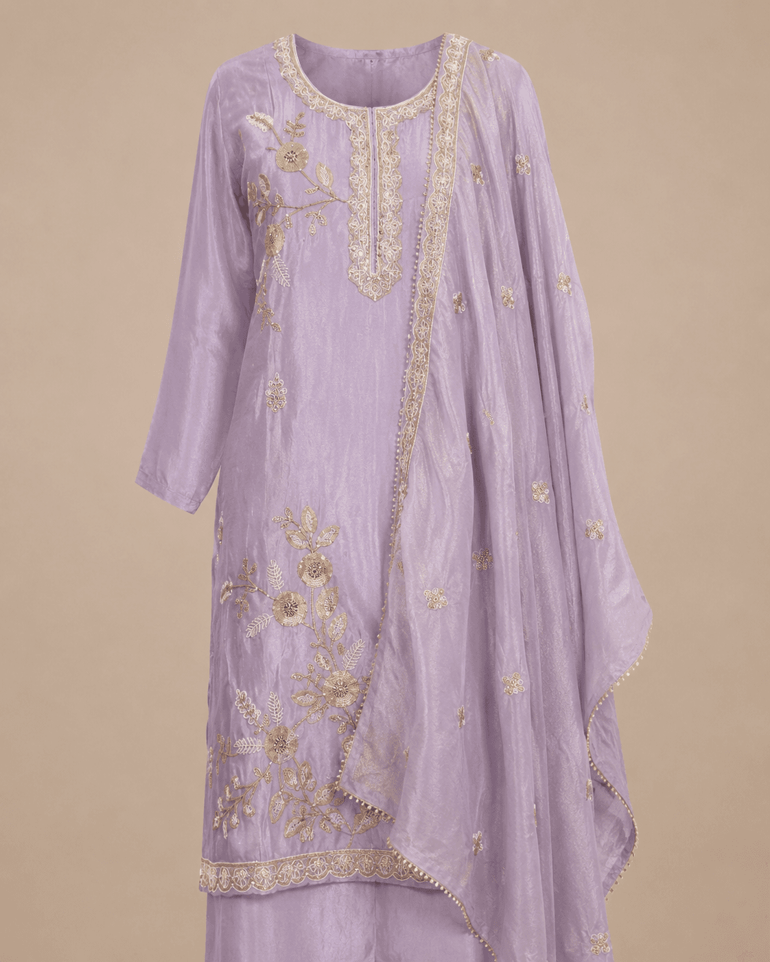 Lavender Gold Floral Embroidered Kurta Palazzo Set