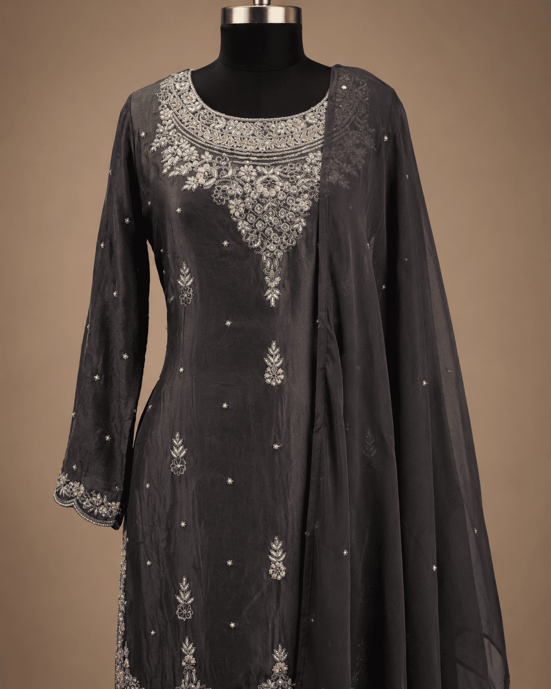 Charcoal Grey Floral Embroidered Kurta Sharara Set