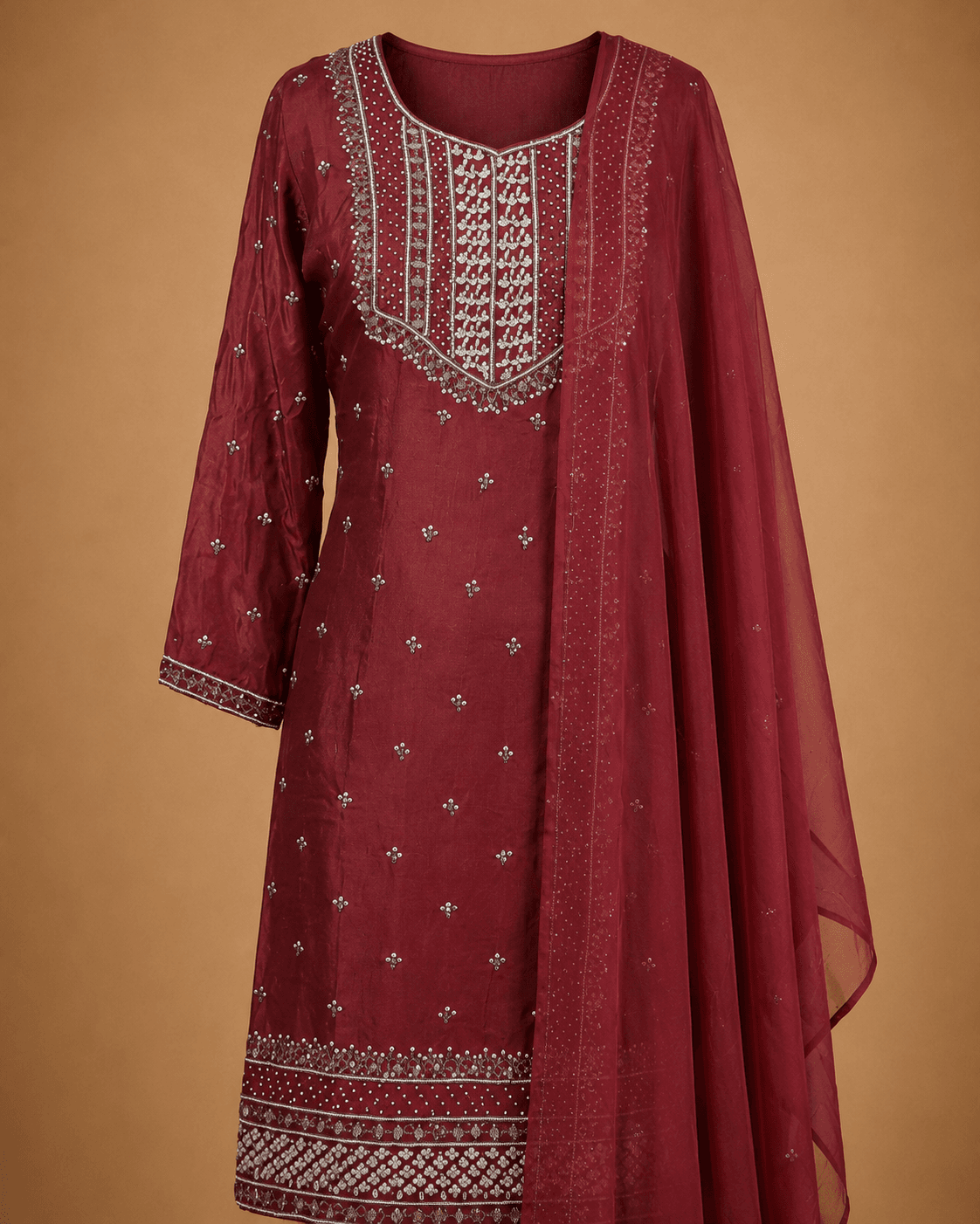 Maroon Geometric Embroidered Kurta Sharara Set