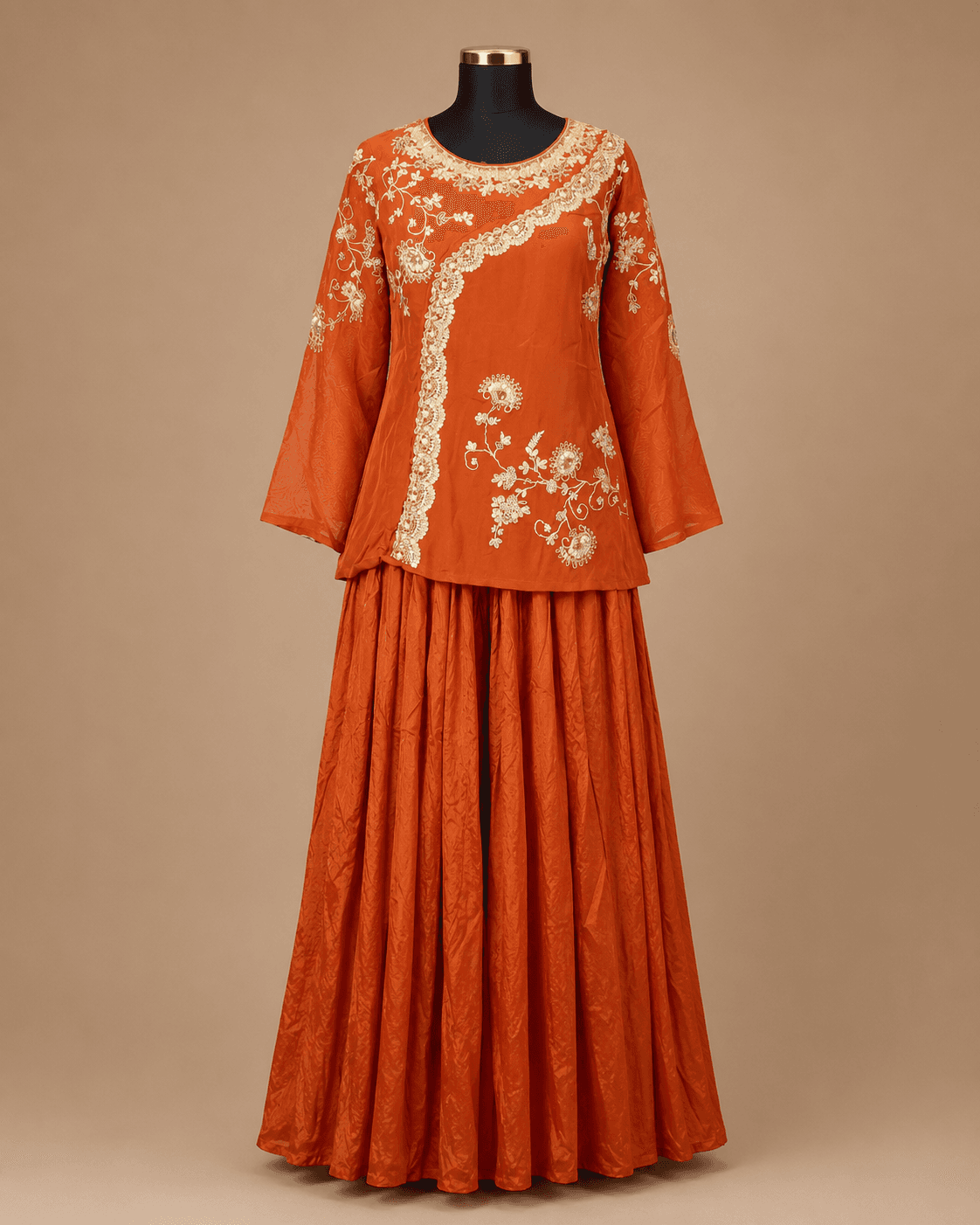 Rust Orange Floral Embroidered Top Lehenga Set