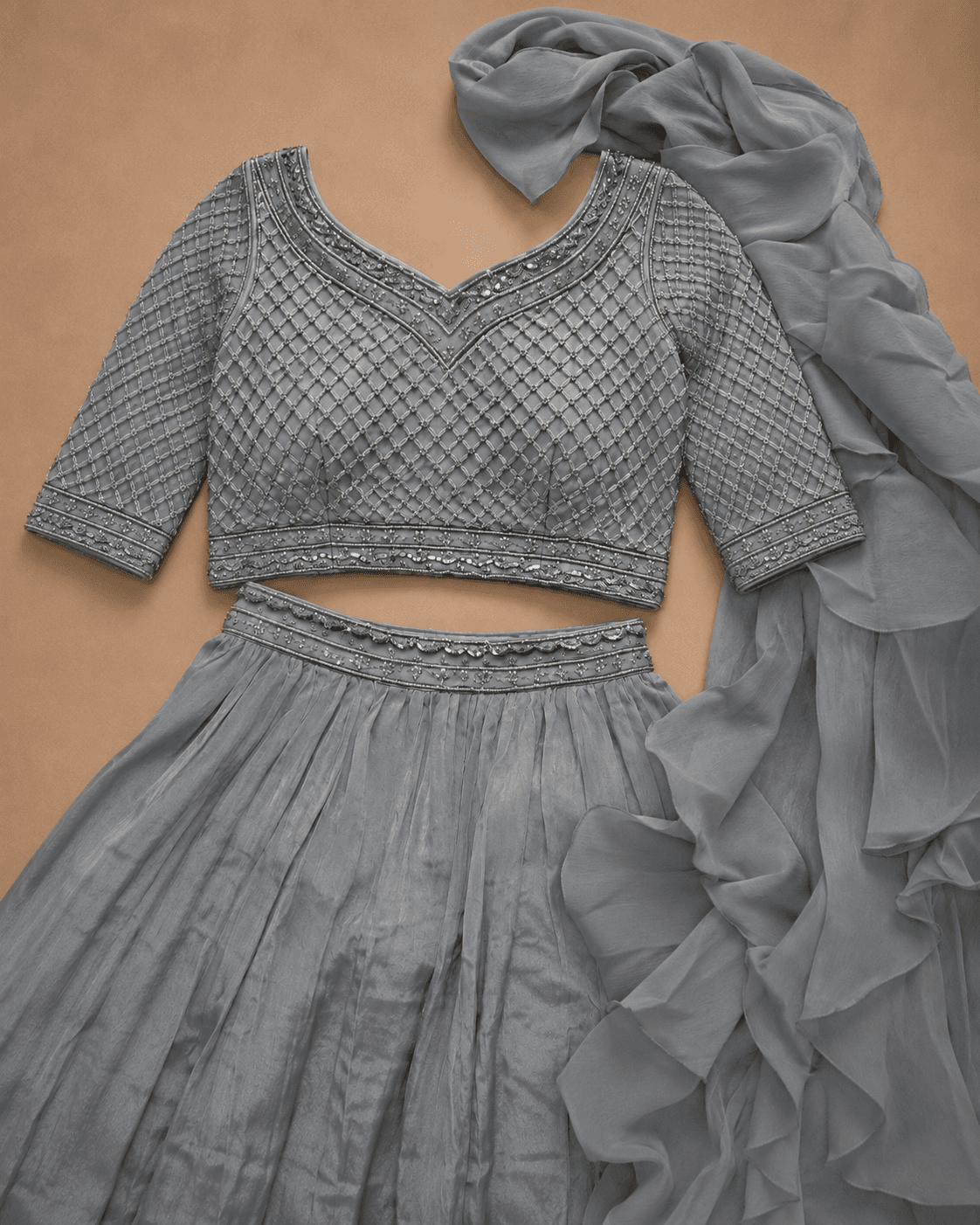 Dove Grey Sequinned Lehenga Set with Ruffled Dupatta