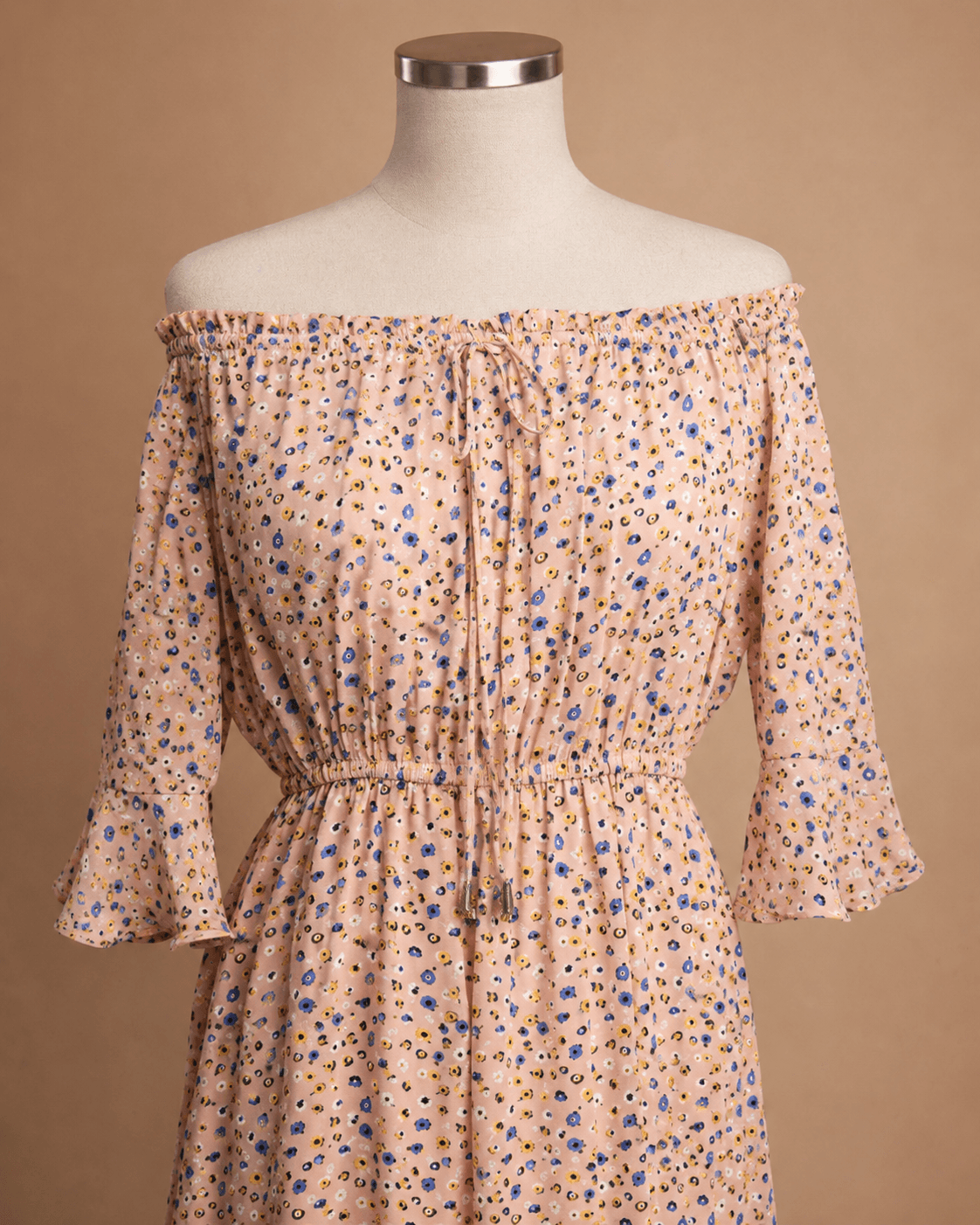 Peach Printed Off-Shoulder Maxi Dress