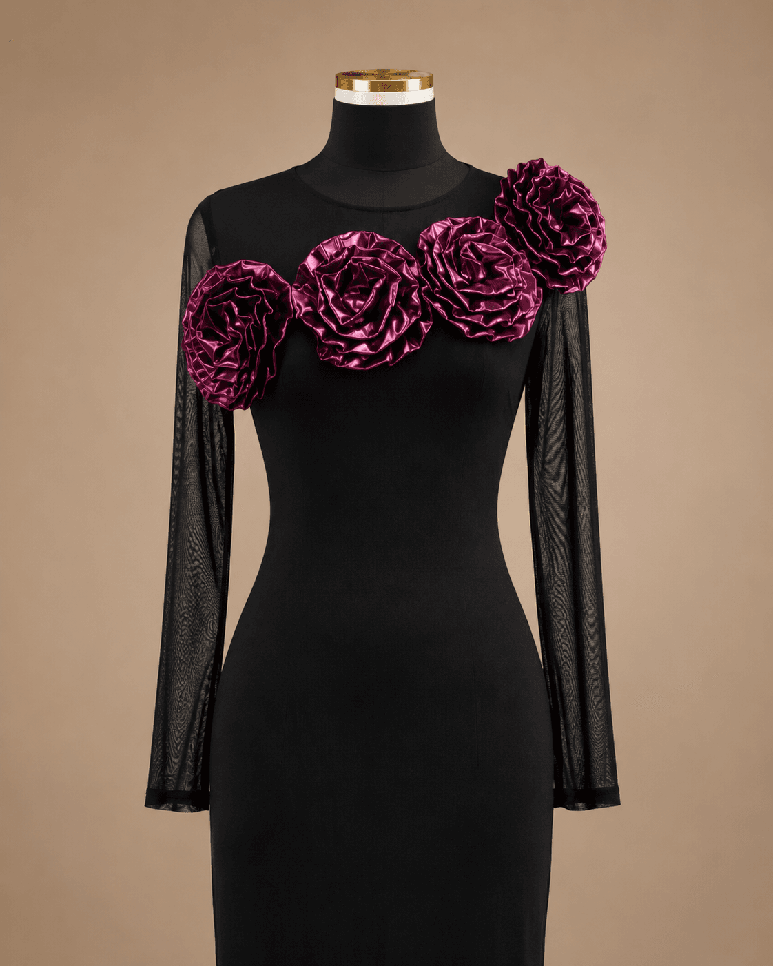 Black Sheer Sleeve Floral Applique Gown