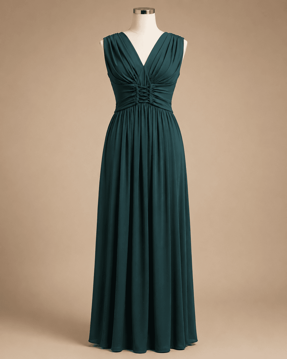 Teal Pleated V-Neck Maxi Dress