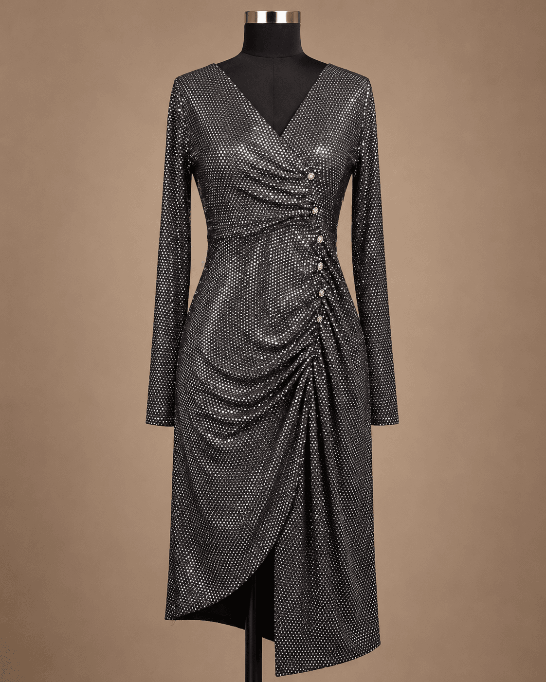 Charcoal Metallic Wrap Midi Dress