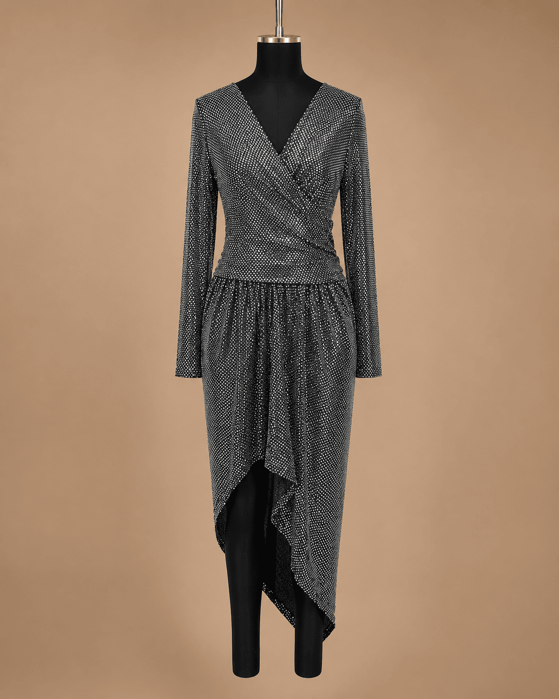 Silver Metallic Long Sleeve Wrap Dress