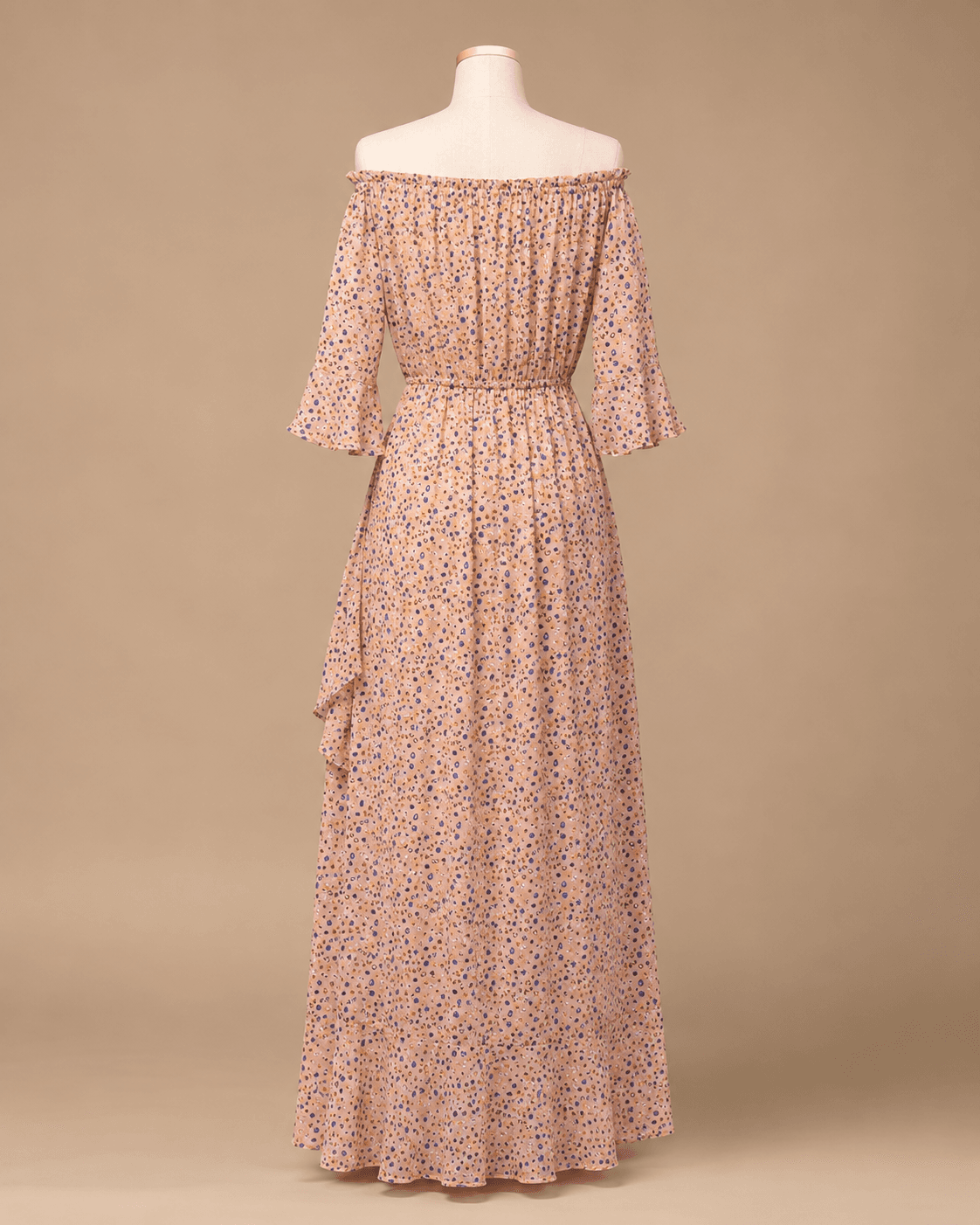 Peach Printed Off-Shoulder Maxi Dress