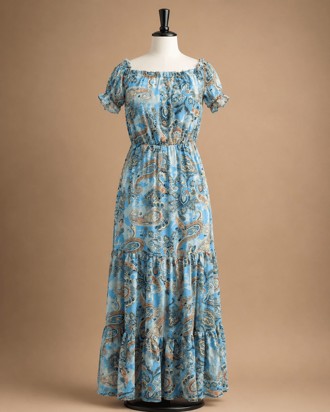 Blue Printed Off-Shoulder Maxi Dress