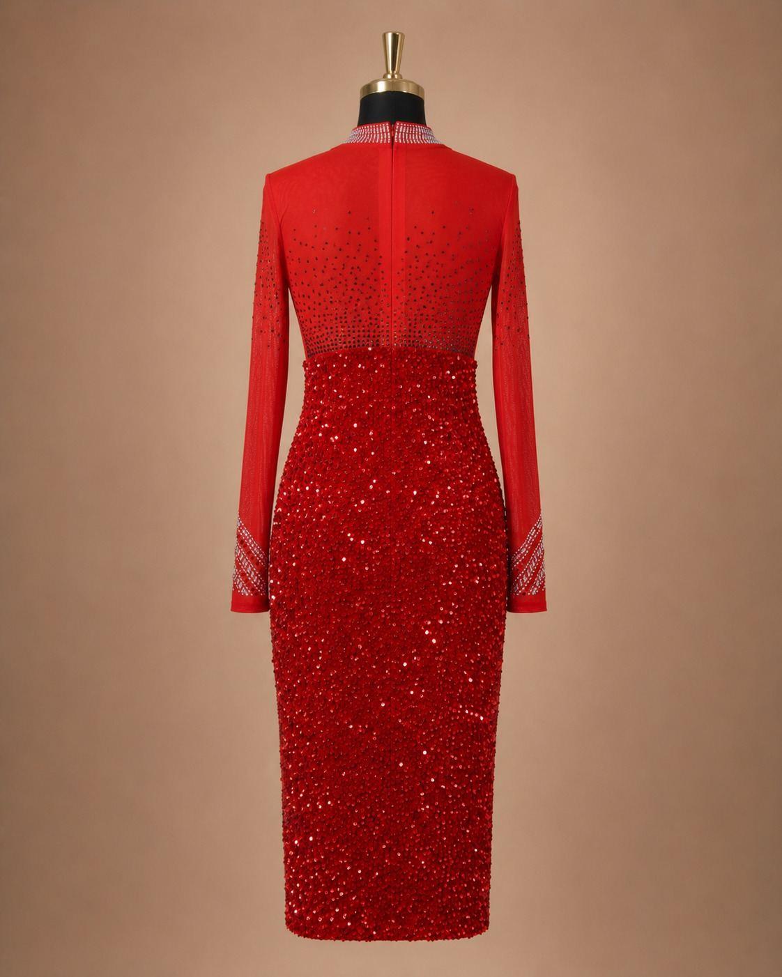 Red Embellished Midi Dress