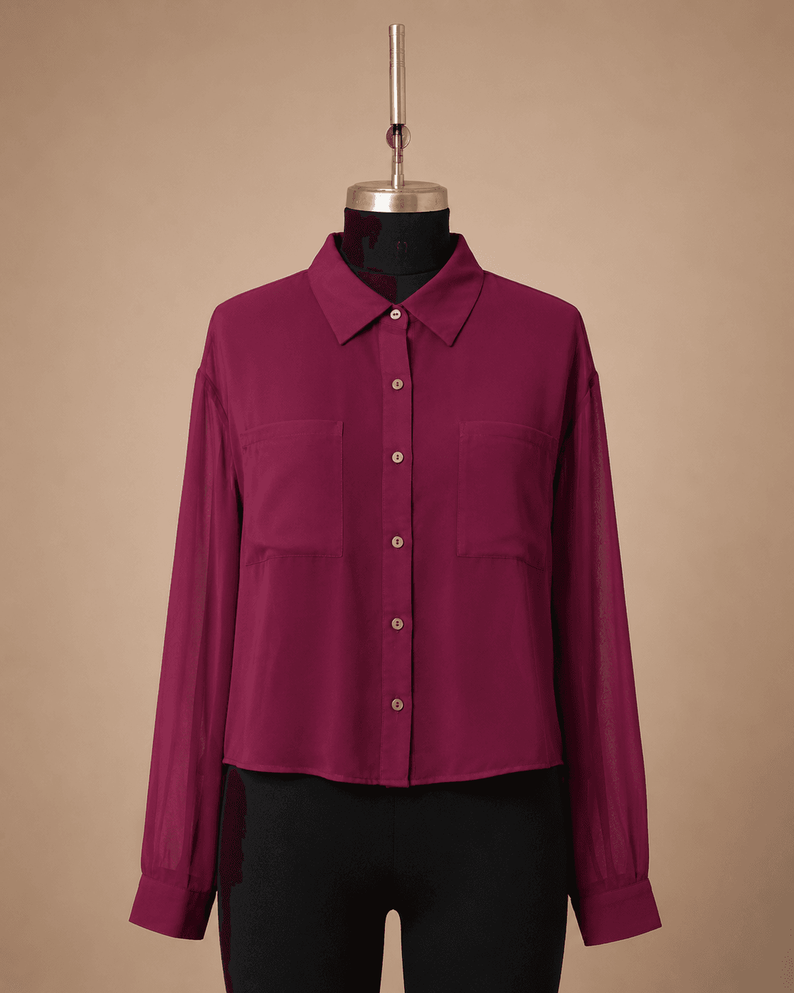Wine Sheer Cropped Collared Shirt