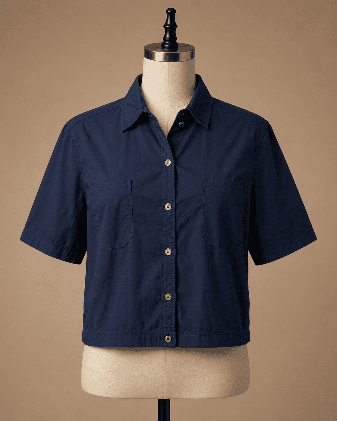 Navy Blue Cropped Button-Down Shirt