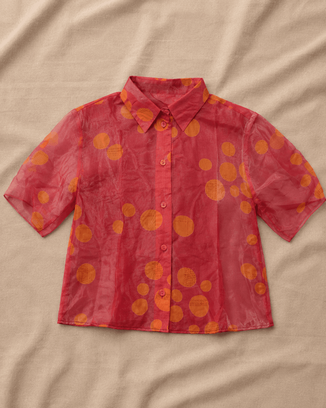 Coral Orange Polka-Dot Organza Shirt