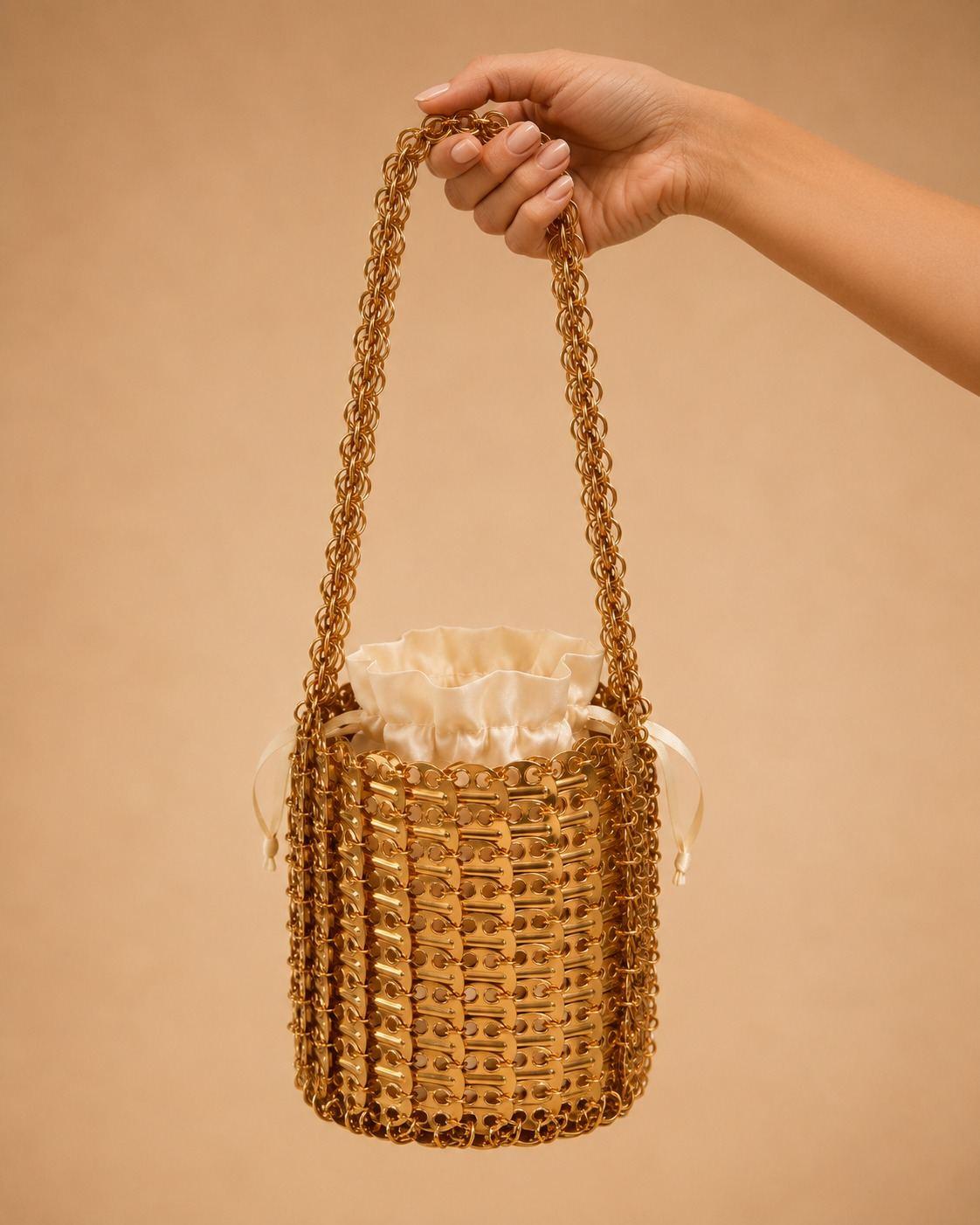 Gold-Tone Chain-Link Bucket Bag with Satin Inner Pouch