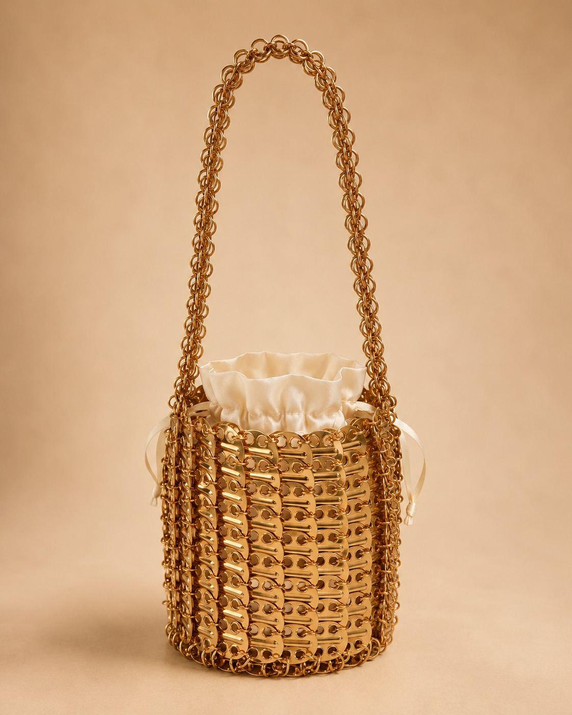 Gold-Tone Chain-Link Bucket Bag with Satin Inner Pouch