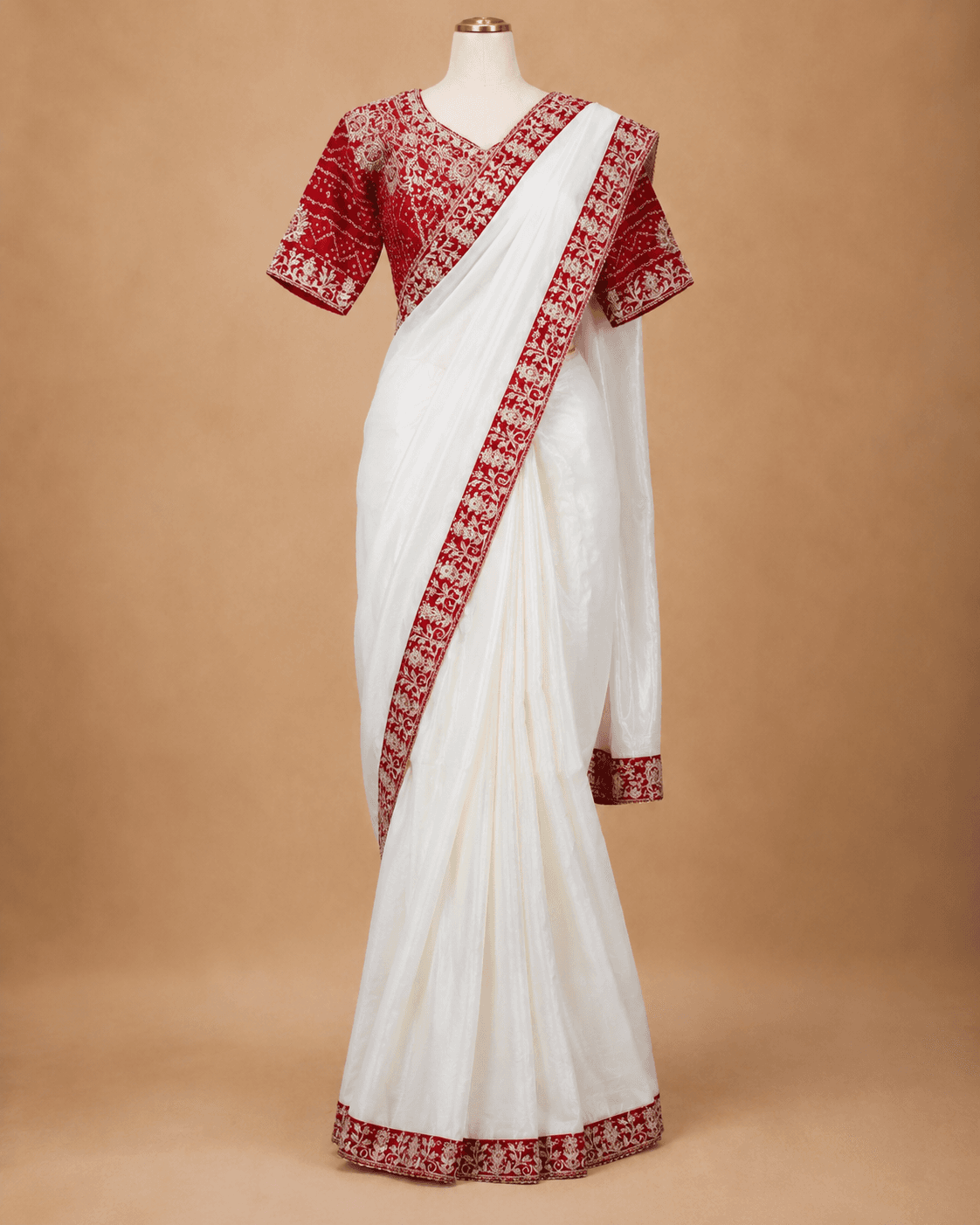 Ivory & Red Heritage Border Designer Saree Set