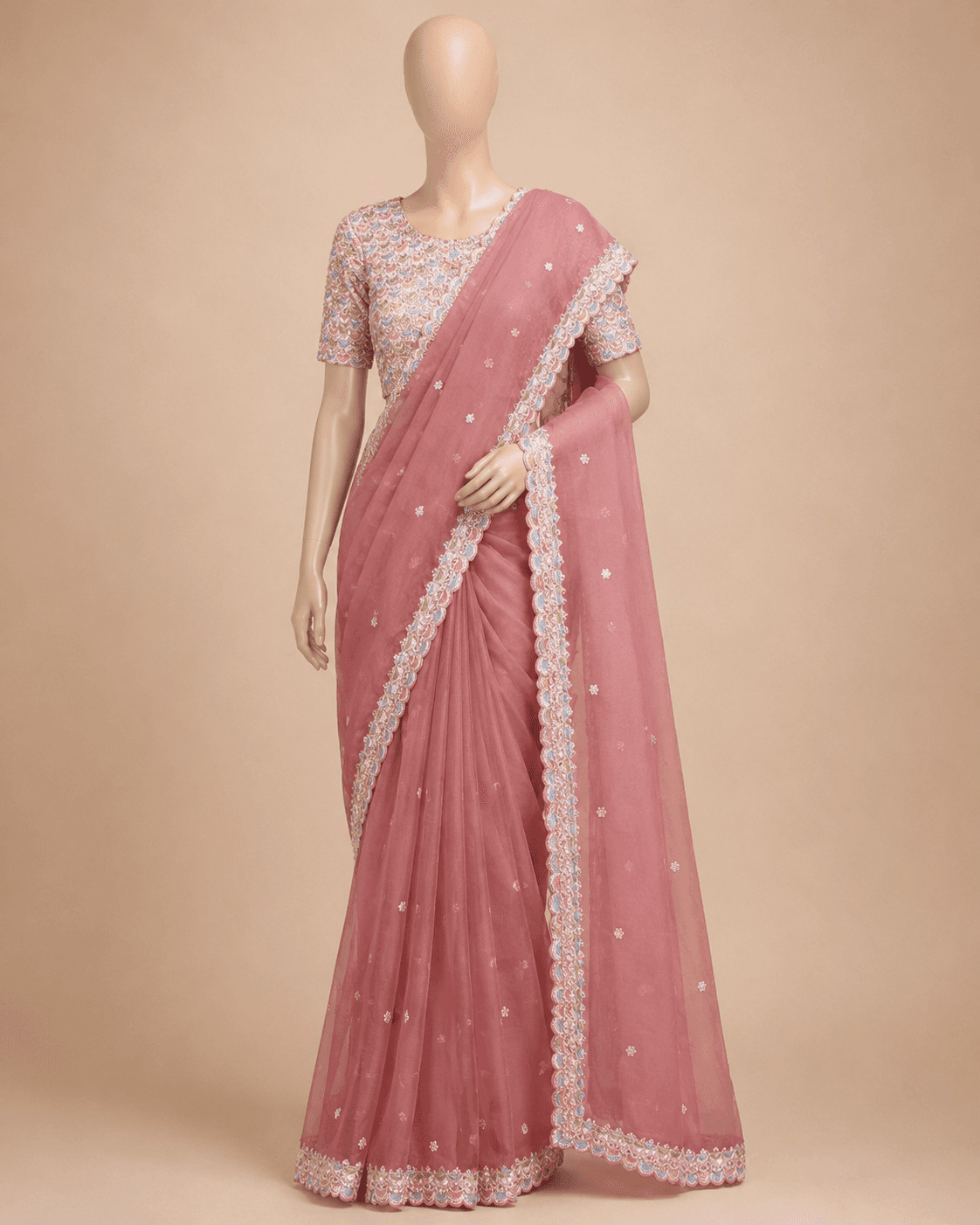 Dusty Rose Sequin Embellished Net Saree Set