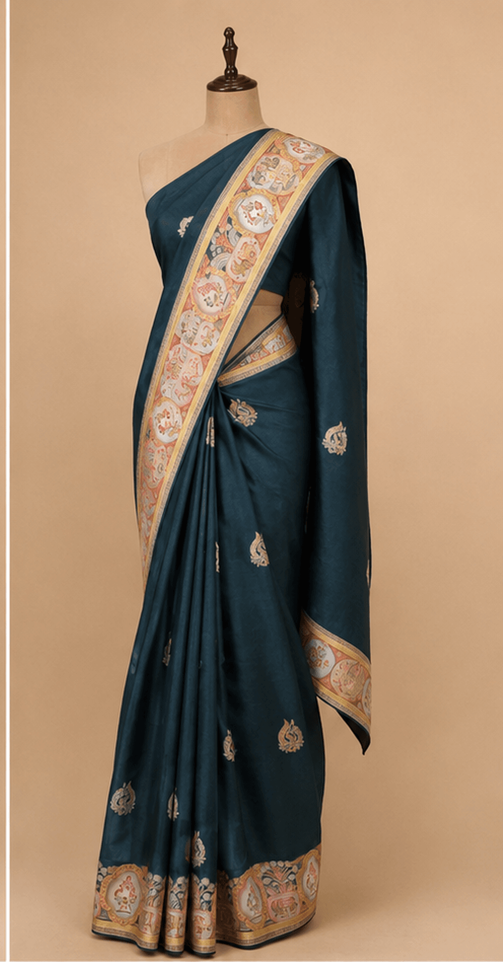 Teal Blue Multicolour Floral Embroidered Saree