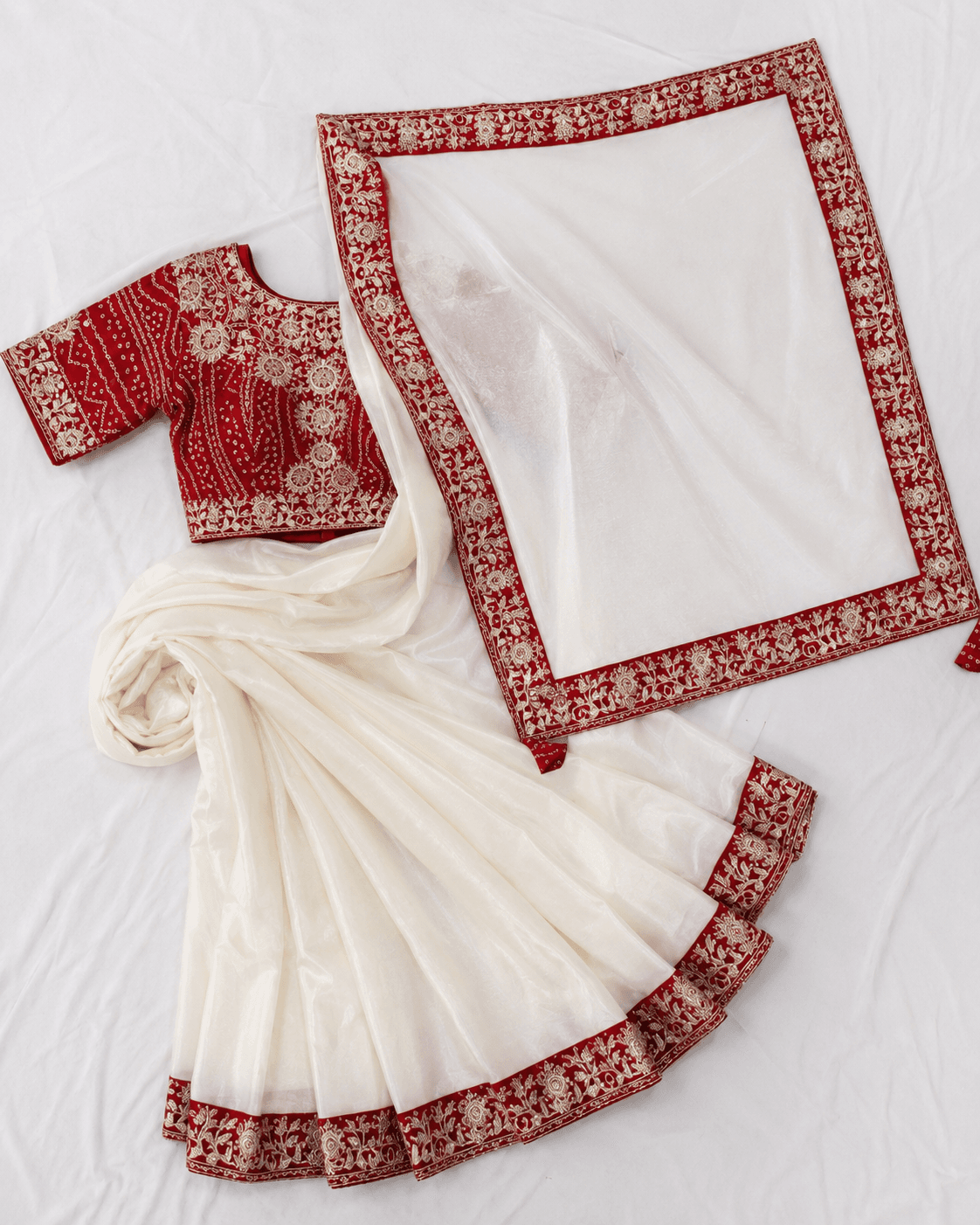 Ivory & Red Heritage Border Designer Saree Set