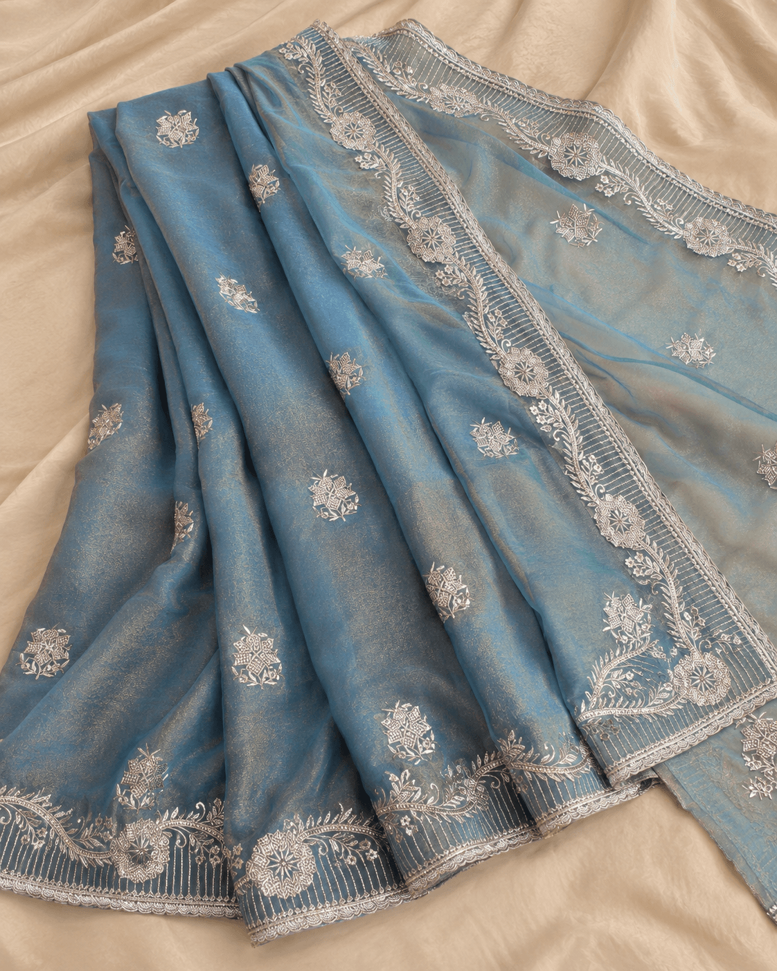 Powder Blue Silver Hand-Embroidered Georgette Saree