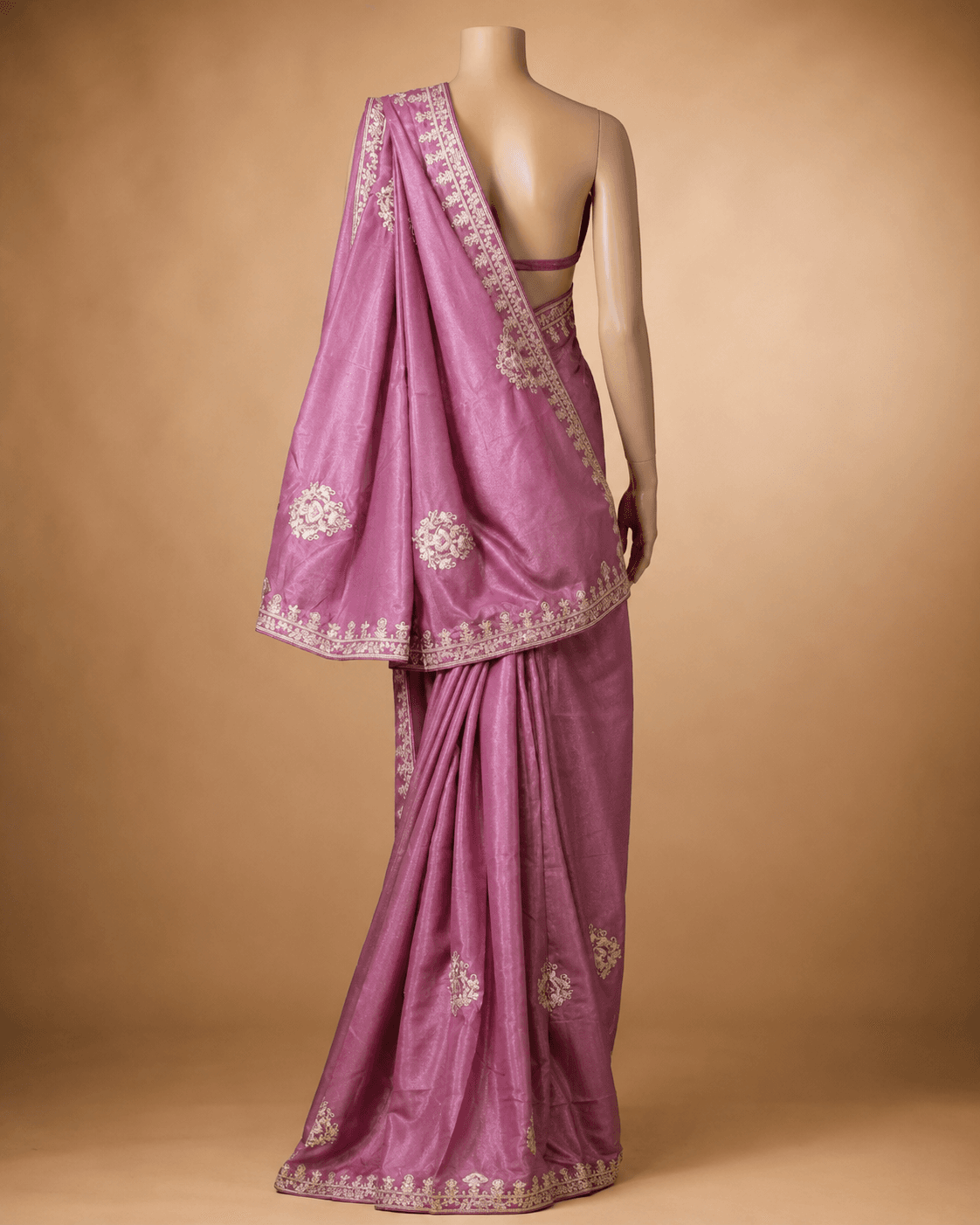 Mauve Pink Metallic Embroidered Satin Designer Saree