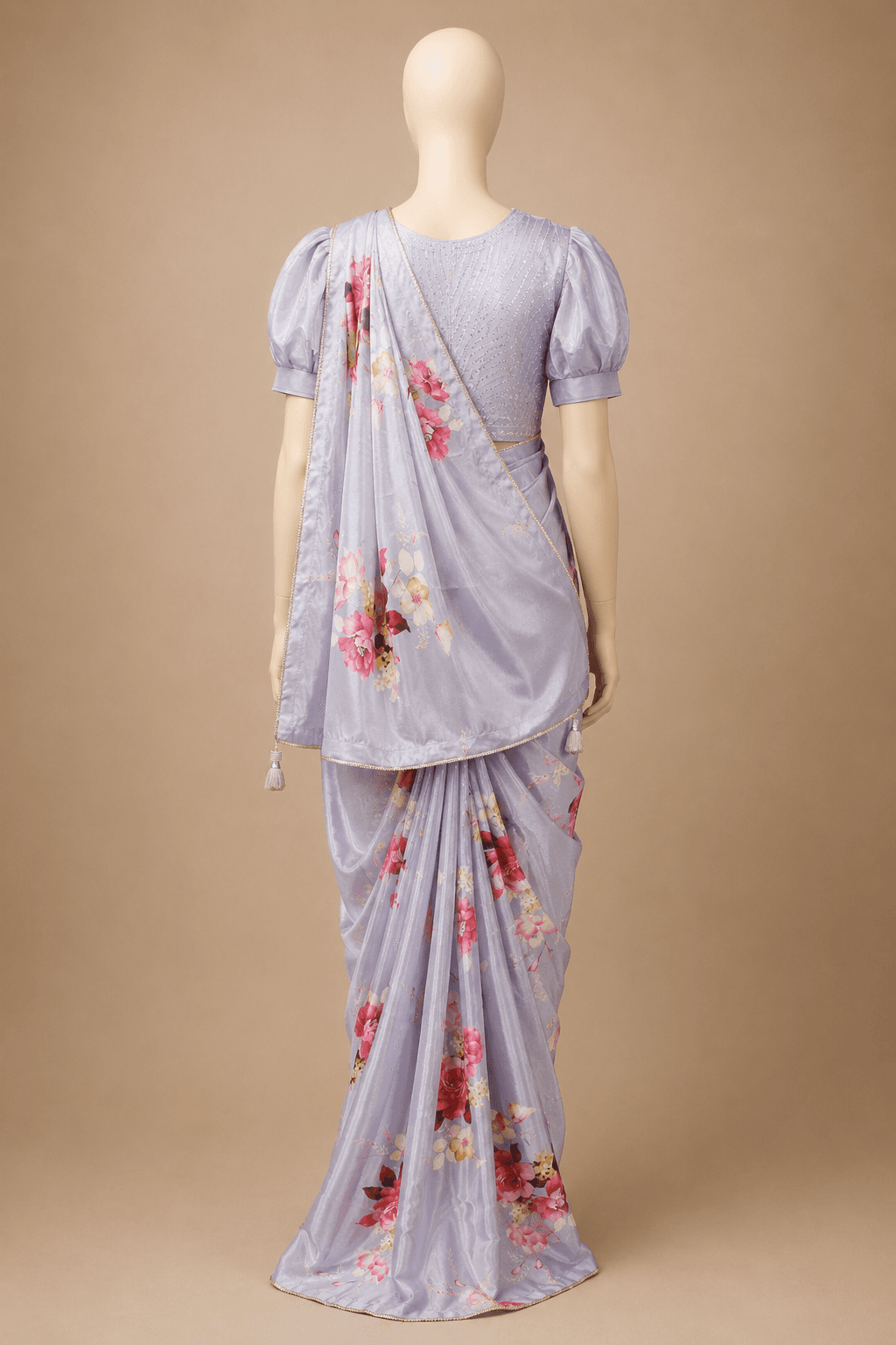 Lavender Floral Organza Pre-Draped Saree Set