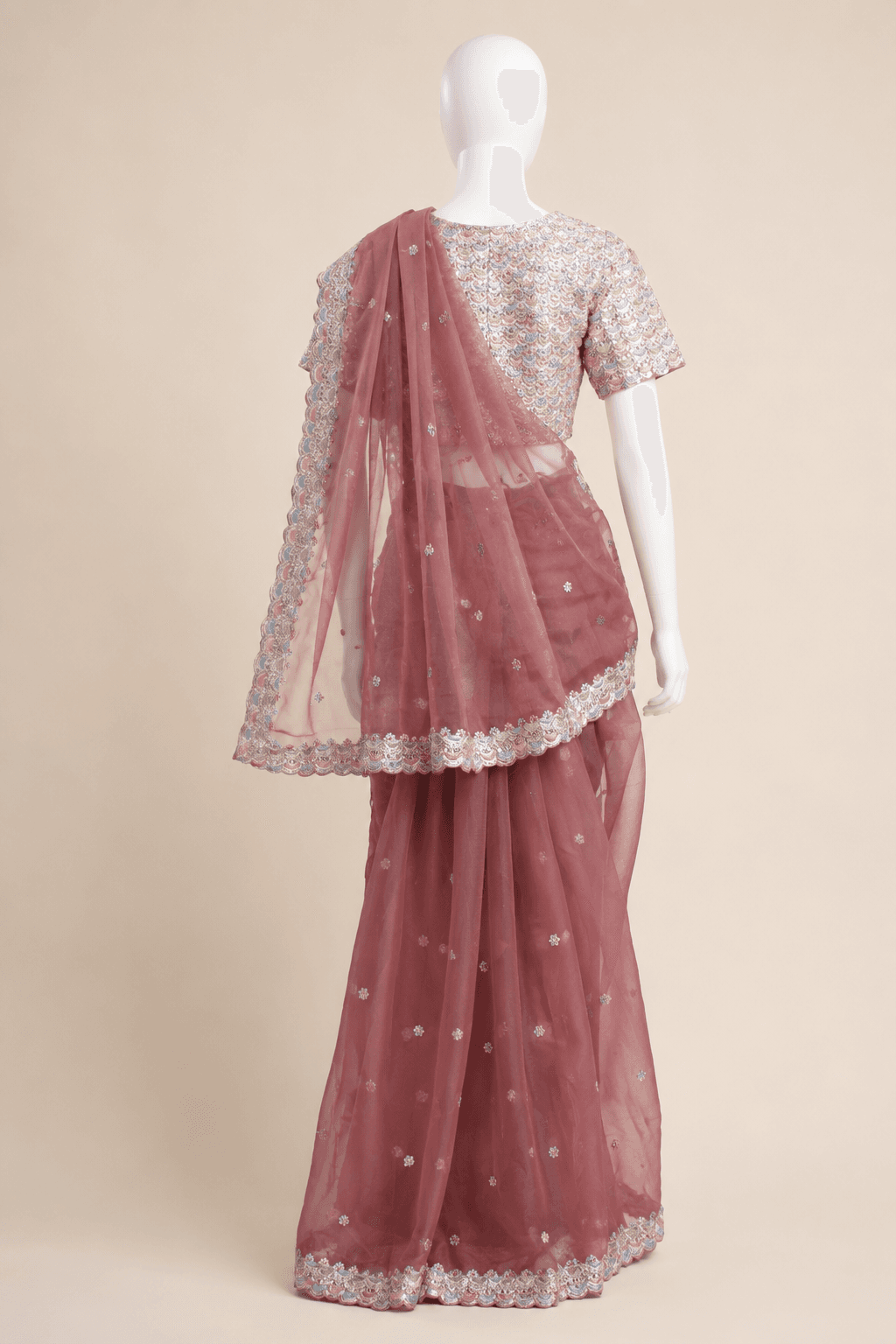 Dusty Rose Sequin Embellished Net Saree Set