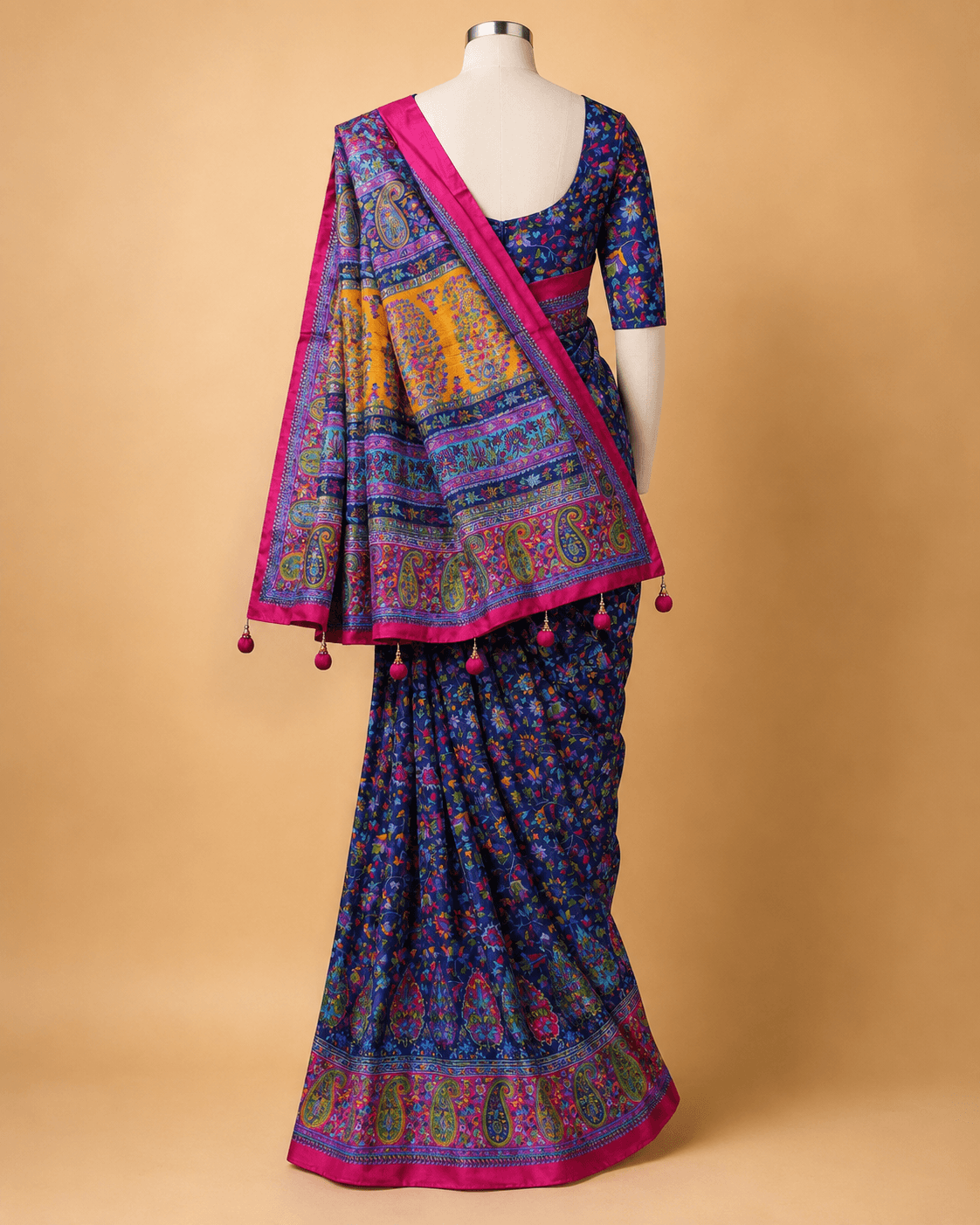 Navy Multicolour Kalamkari Print Designer Saree Set