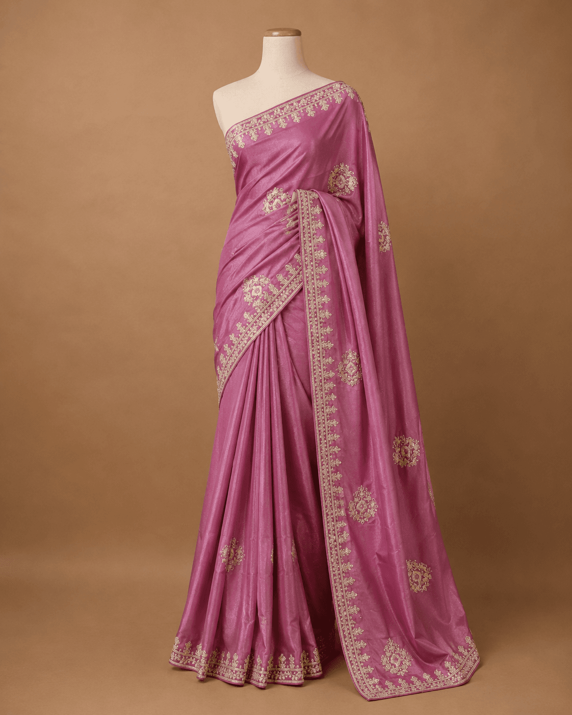 Mauve Pink Metallic Embroidered Satin Designer Saree