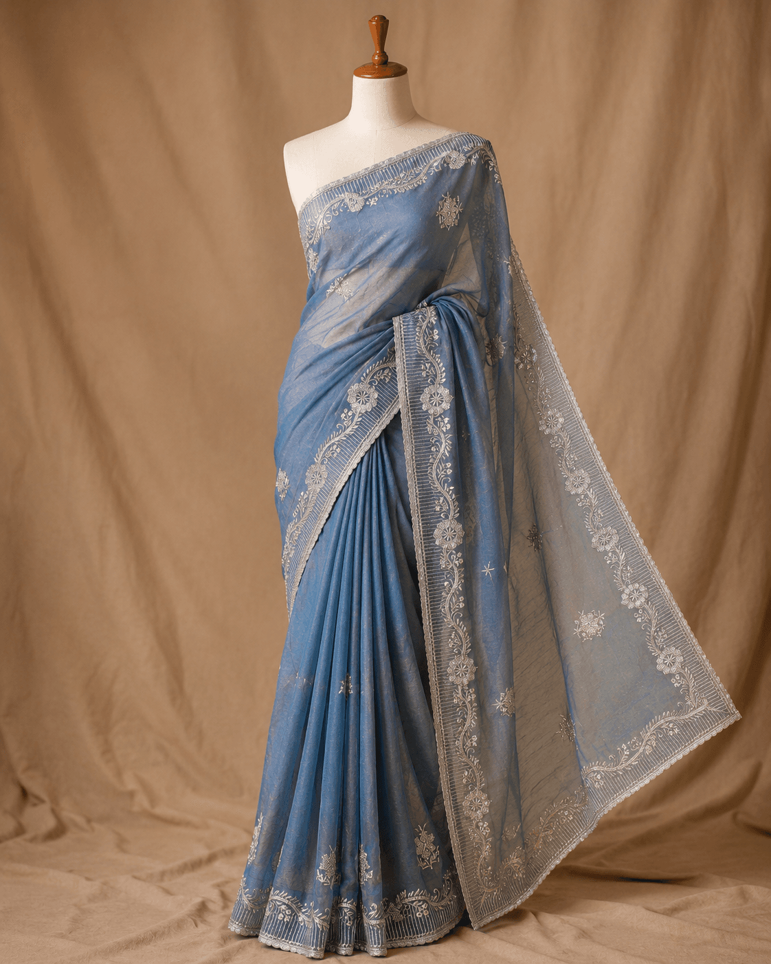 Powder Blue Silver Hand-Embroidered Georgette Saree