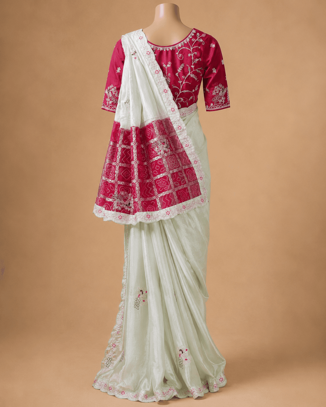 Mint Green & Rani Pink Hand-Embroidered Designer Saree Set