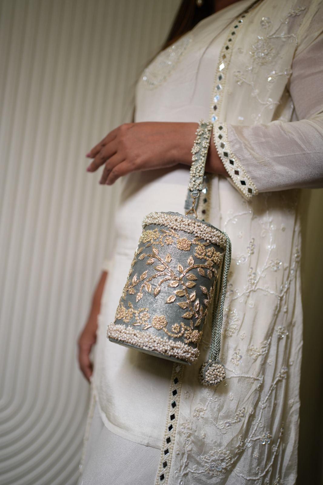 Teal Embellished Bucket Sling Bag
