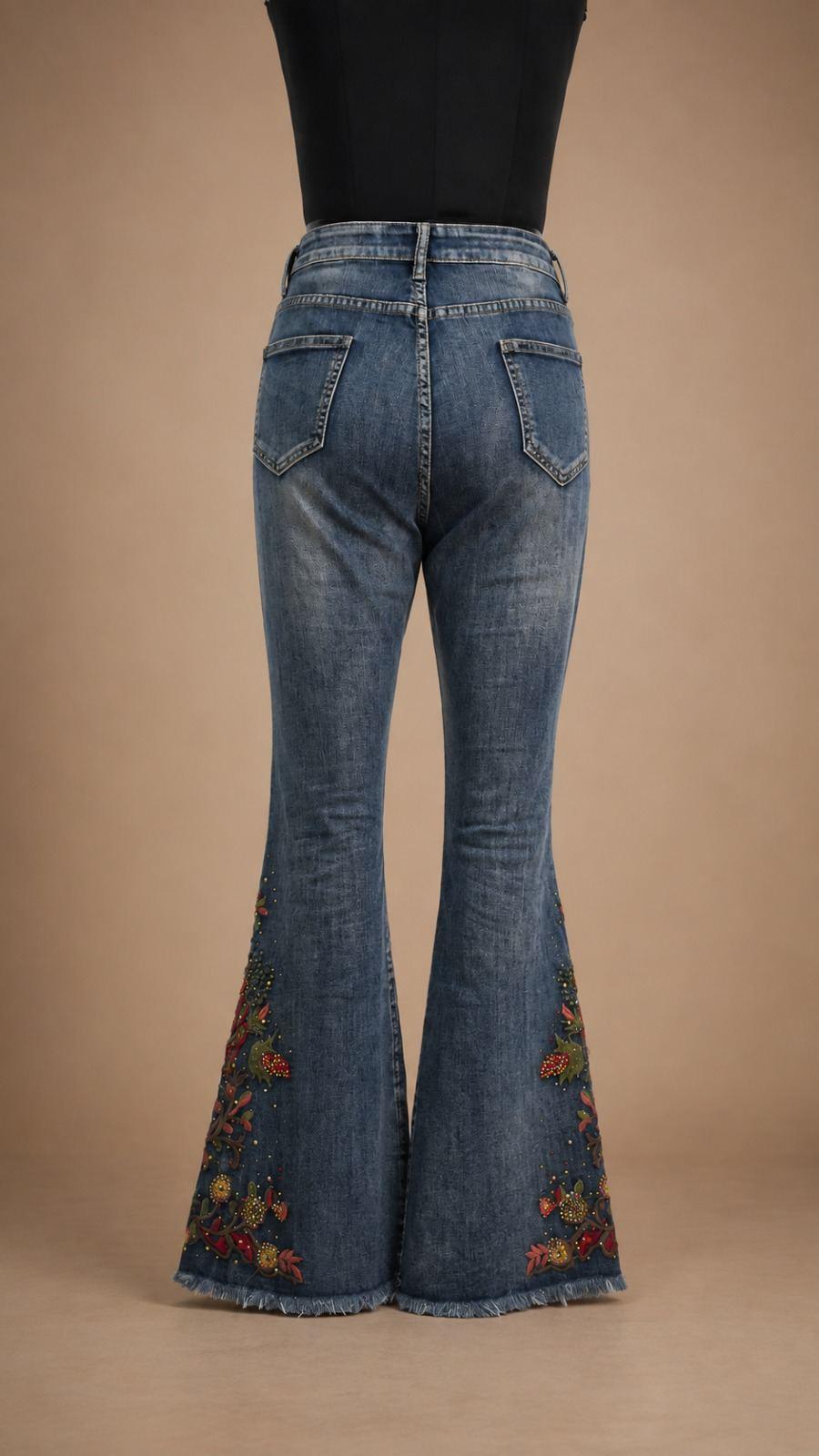Blue Floral Embroidered Bootcut Jeans