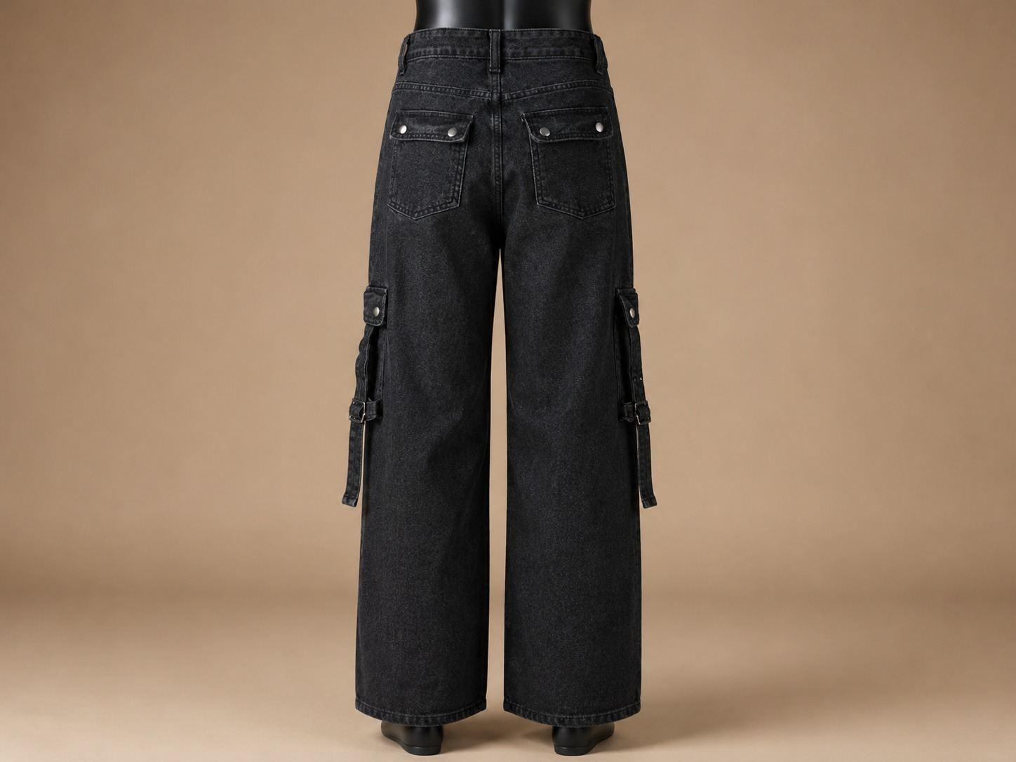Black Cargo Wide Leg Jeans