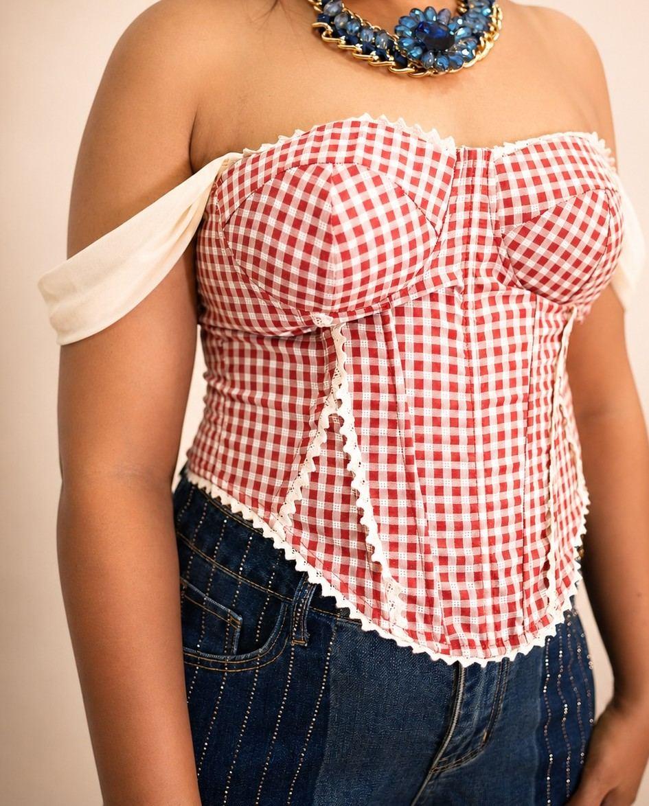 Red & White Gingham Off-Shoulder Corset Top
