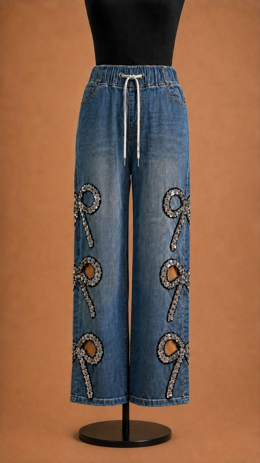 Blue Embellished Motif Wide-Leg Jeans