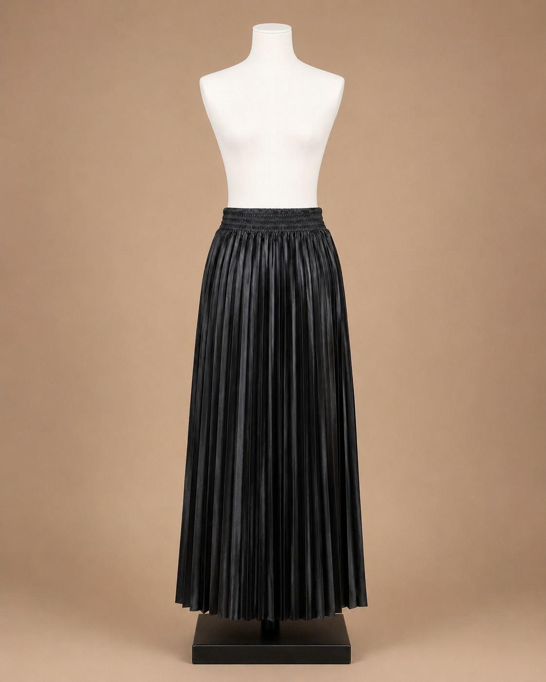 Black Metallic Pleated Maxi Skirt