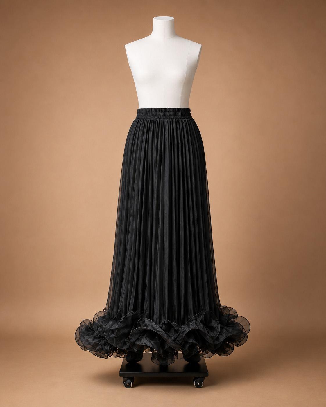 Black Pleated Maxi Skirt with Ruffle Hem