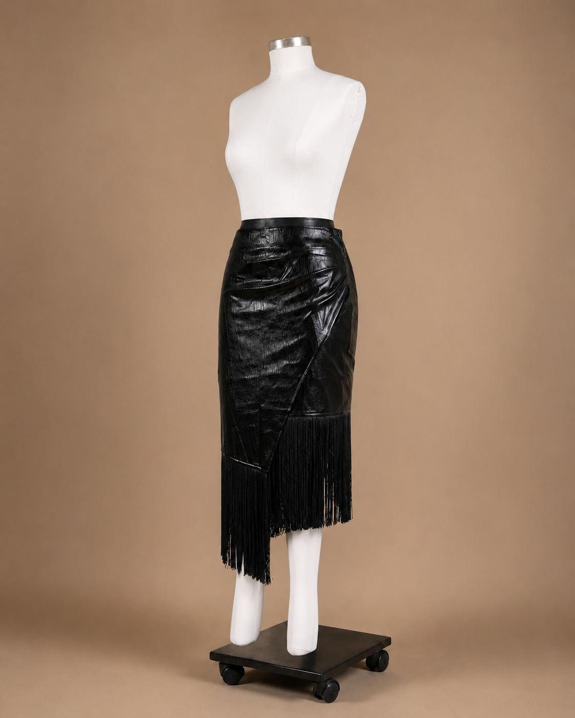 Black Faux-Leather Fringe Midi Skirt
