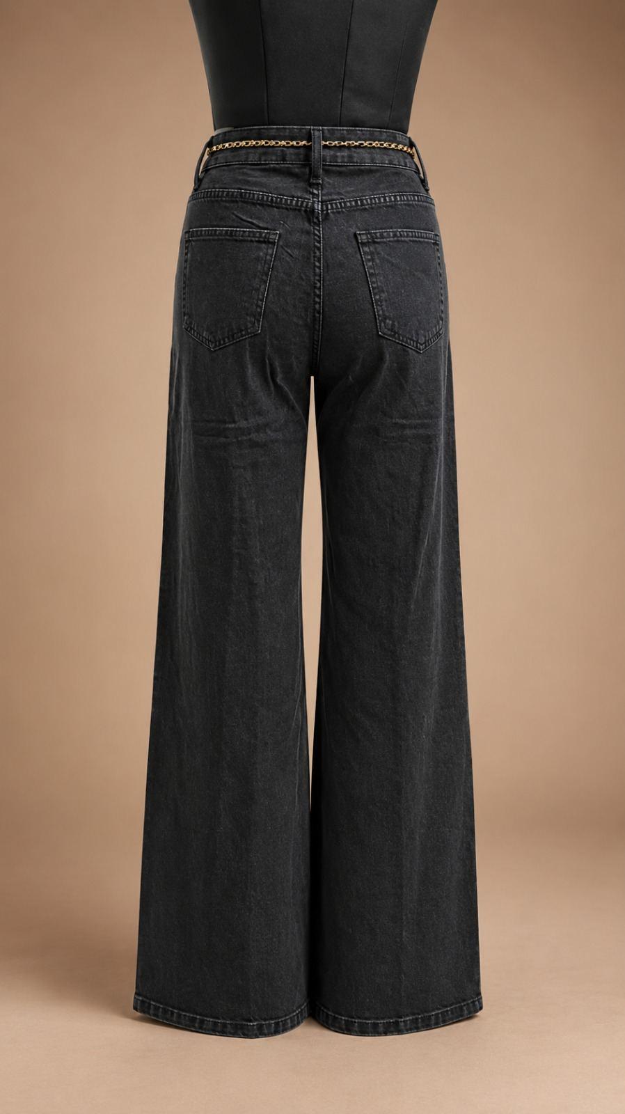 Black Shimmer Wide-Leg Trousers with Side Lace