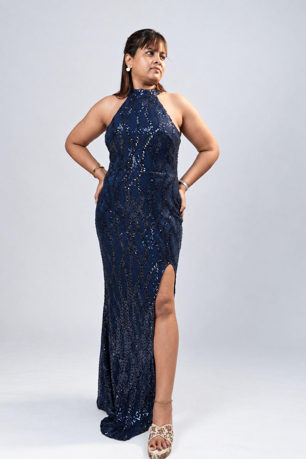 Navy Blue Sequin Evening Gown